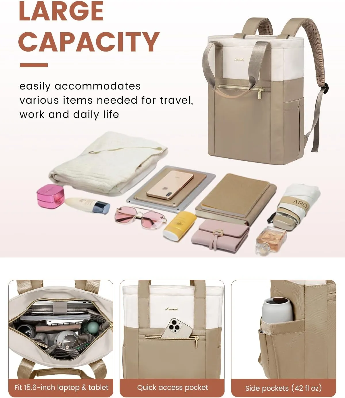 LOVEVOOK Laptop Backpack for Women, 15.6’’ Laptop Bag for Women Tote Bag Convertible, Lightweight Travel Backpack for College, Wide Open Work Backpack for Nurse Teacher Water-resistant Khaki