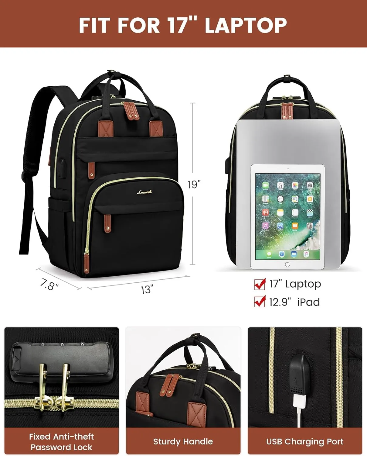 LOVEVOOK Laptop Backpack for Women & Men, Unisex Travel Anti-theft Bag Business Computer Backpacks Purse College Bag, Casual Hiking Daypack with Lock, 17 Inch, Black