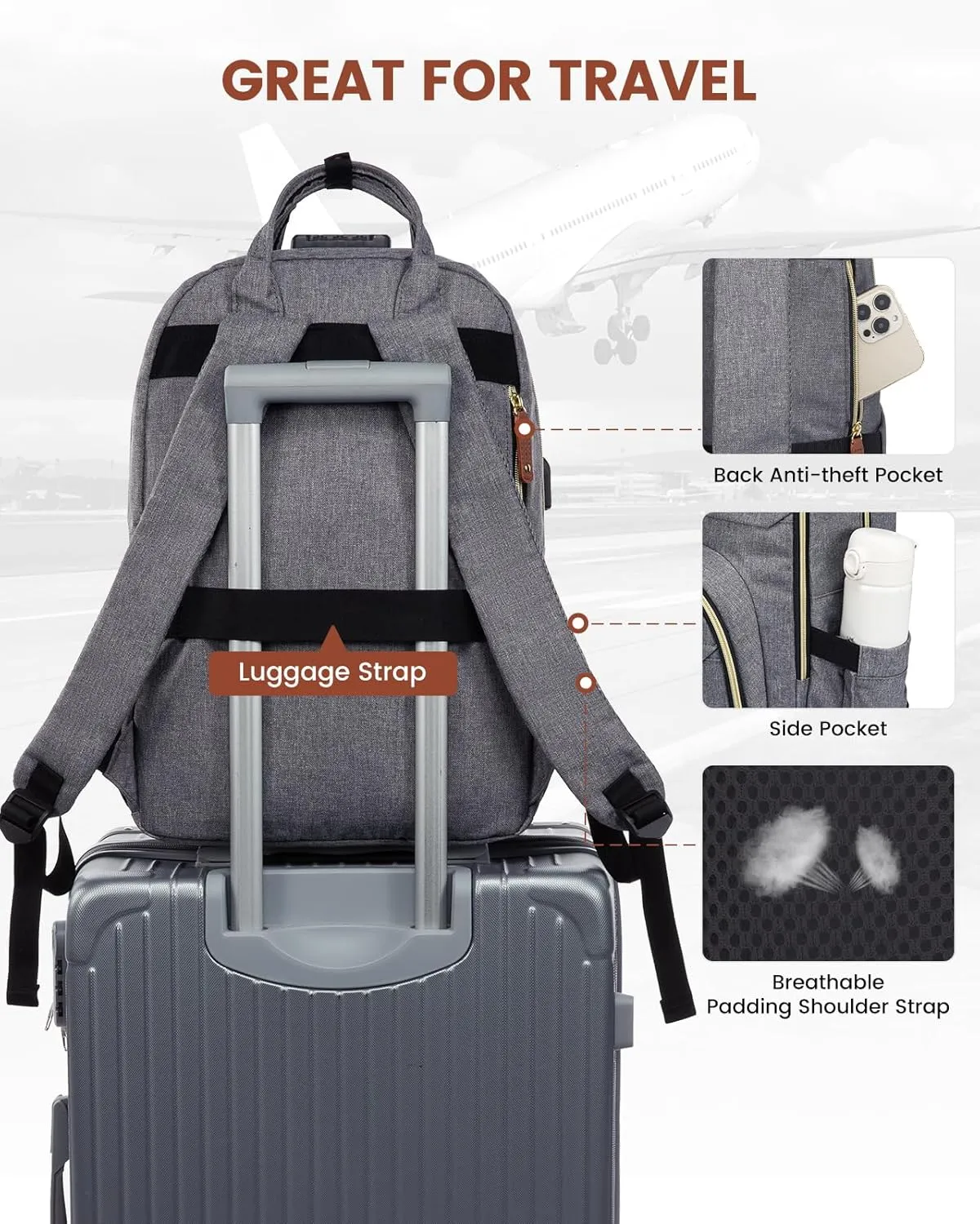 LOVEVOOK Laptop Backpack for Women, Unisex Large Capacity Travel Anti-theft Bag, Business Work Computer Backpacks Purse College Bag for Men, Casual Hiking Daypack, 17 Inch, Grey