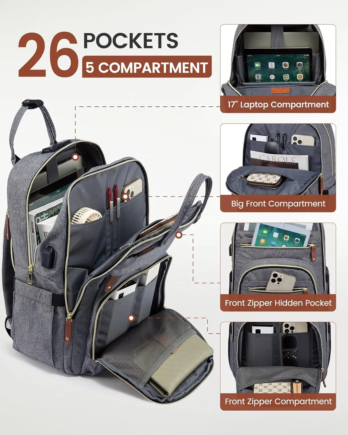 LOVEVOOK Laptop Backpack for Women, Unisex Large Capacity Travel Anti-theft Bag, Business Work Computer Backpacks Purse College Bag for Men, Casual Hiking Daypack, 17 Inch, Grey