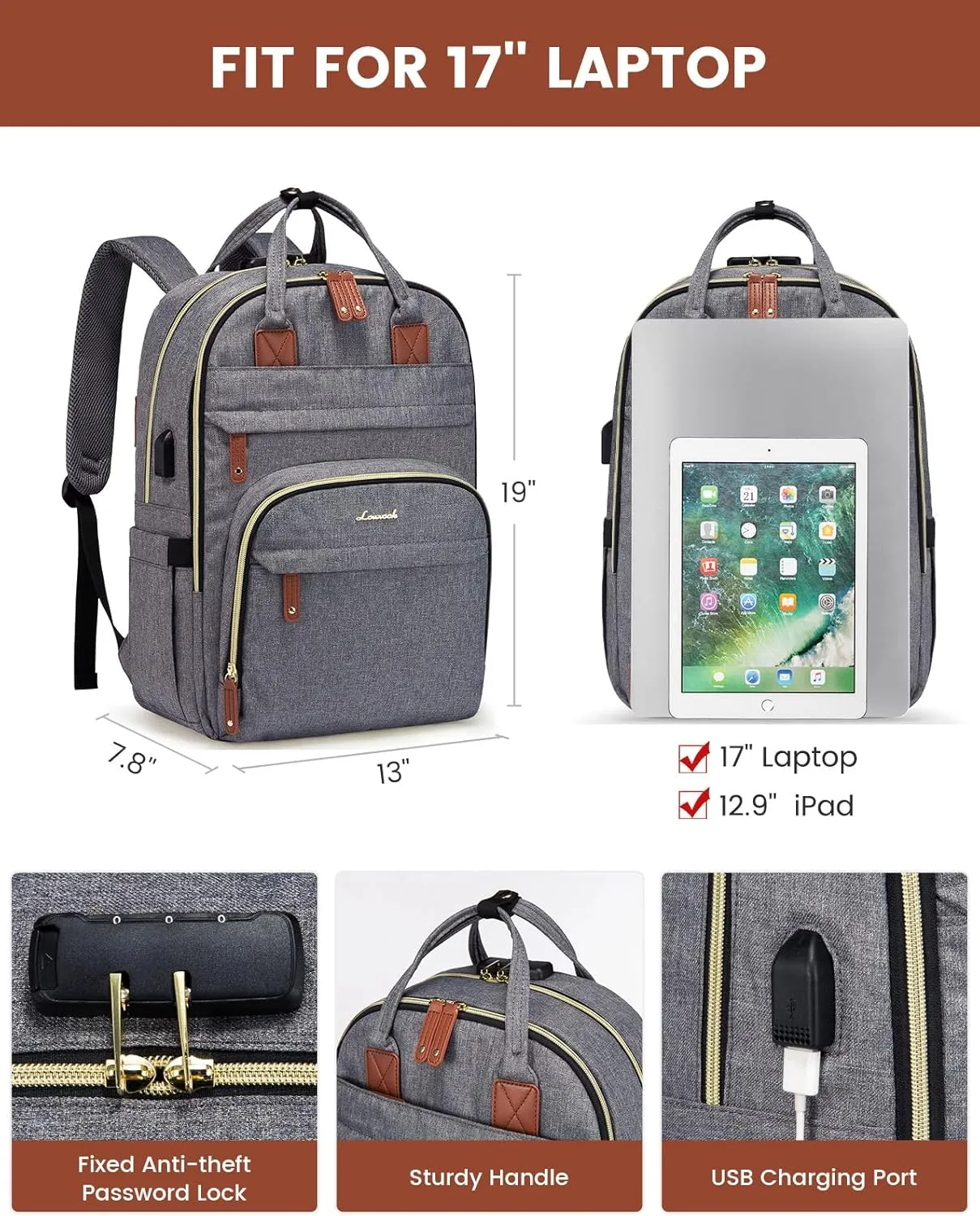 LOVEVOOK Laptop Backpack for Women, Unisex Large Capacity Travel Anti-theft Bag, Business Work Computer Backpacks Purse College Bag for Men, Casual Hiking Daypack, 17 Inch, Grey