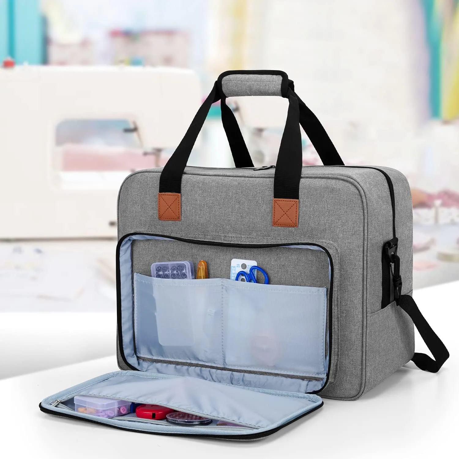 LUXJA Sewing Machine Bag, Portable Tote Bag Compatible with Most Singer, Brother Sewing Machines and Extra Sewing Accessories, Gray