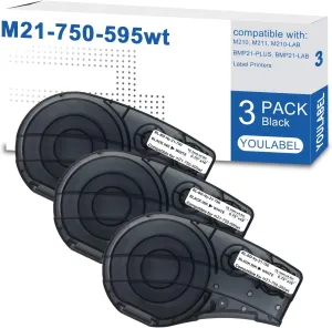 M21-750-595-WT Compatible for (M21-750-595-WT) All-Weather Vinyl Label for Indoor/Outdoor ID, Black on White- for M210, M210-LAB, M211, BMP21-PLUS and BMP21-LAB Printers, 0.75" W 21" L (3 Pack) ﻿