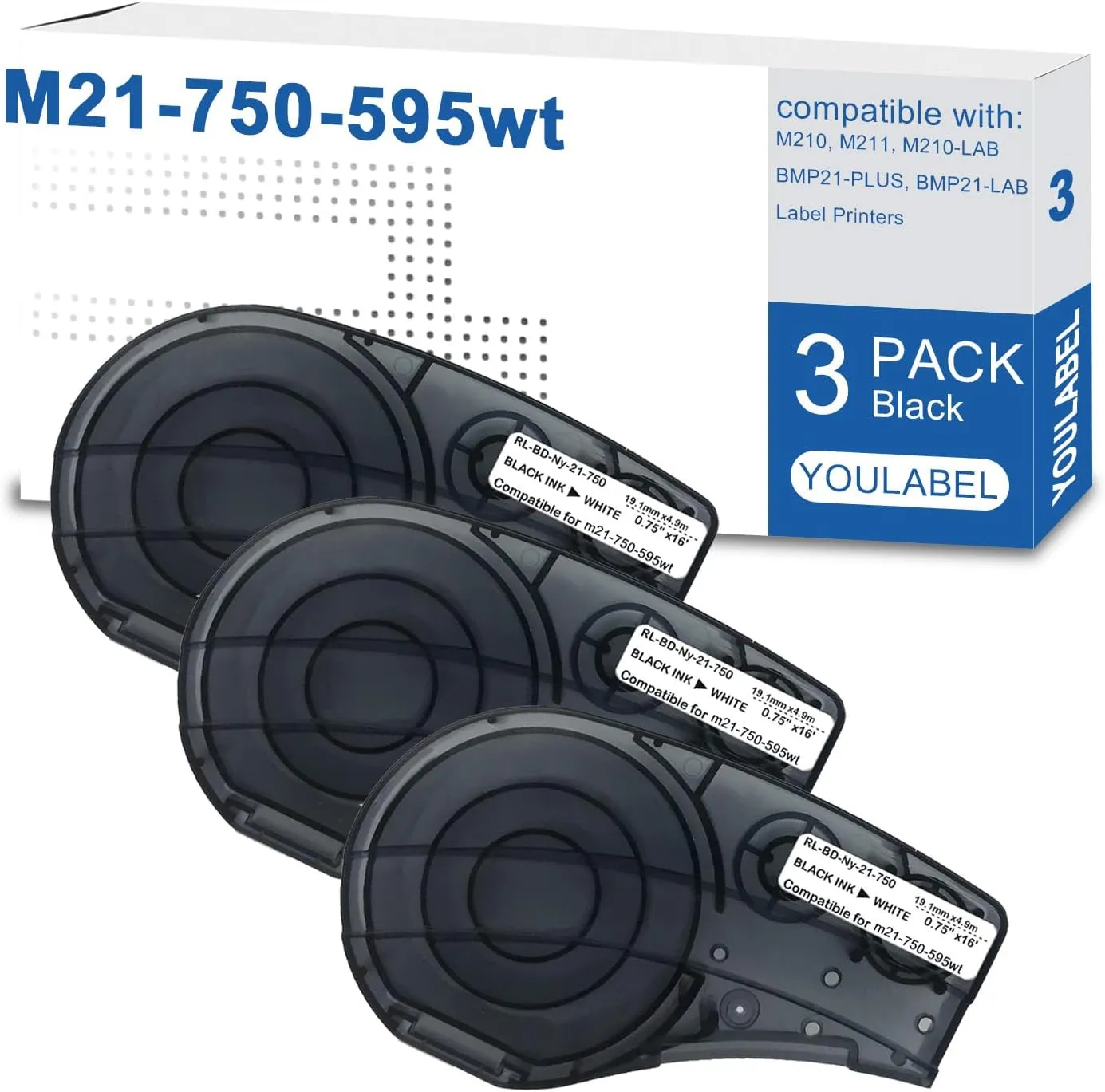 M21-750-595-WT Compatible for (M21-750-595-WT) All-Weather Vinyl Label for Indoor/Outdoor ID, Black on White- for M210, M210-LAB, M211, BMP21-PLUS and BMP21-LAB Printers, 0.75" W 21" L (3 Pack) ﻿