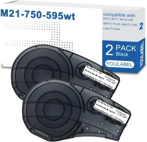 M21-750-595-WT Compatible for (M21-750-595-WT) All-Weather Vinyl Label for Indoor/Outdoor ID, Black on White- for M210, M210-LAB, M211, BMP21-PLUS and BMP21-LAB Printerss, 0.75" W 21" L (2 Pack) ﻿