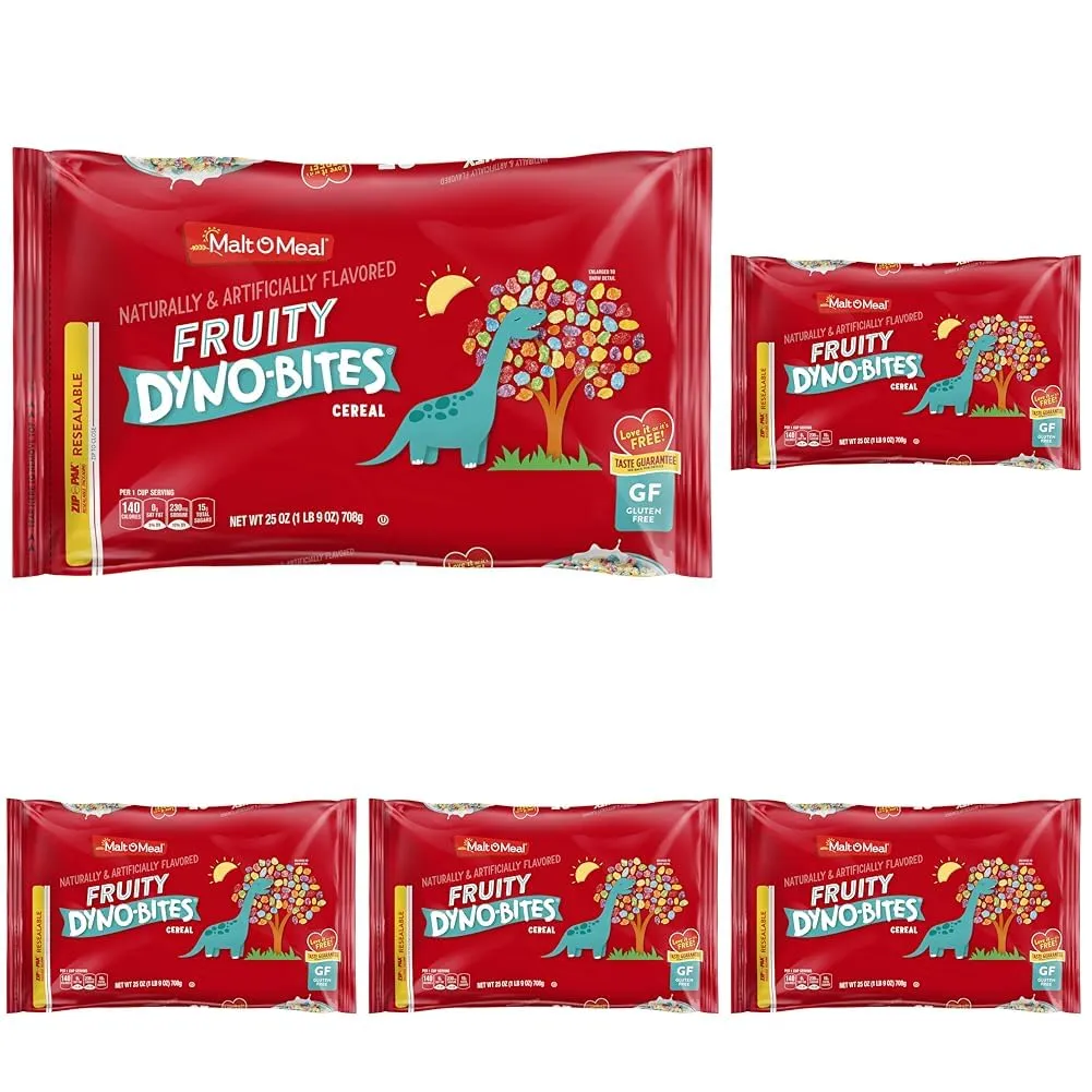 Malt-O-Meal Fruity Dyno Bites® Gluten Free Kids Breakfast Cereal, Family Size Bulk Bagged Cereal, 25 Ounce - 1 count (Pack of 5)