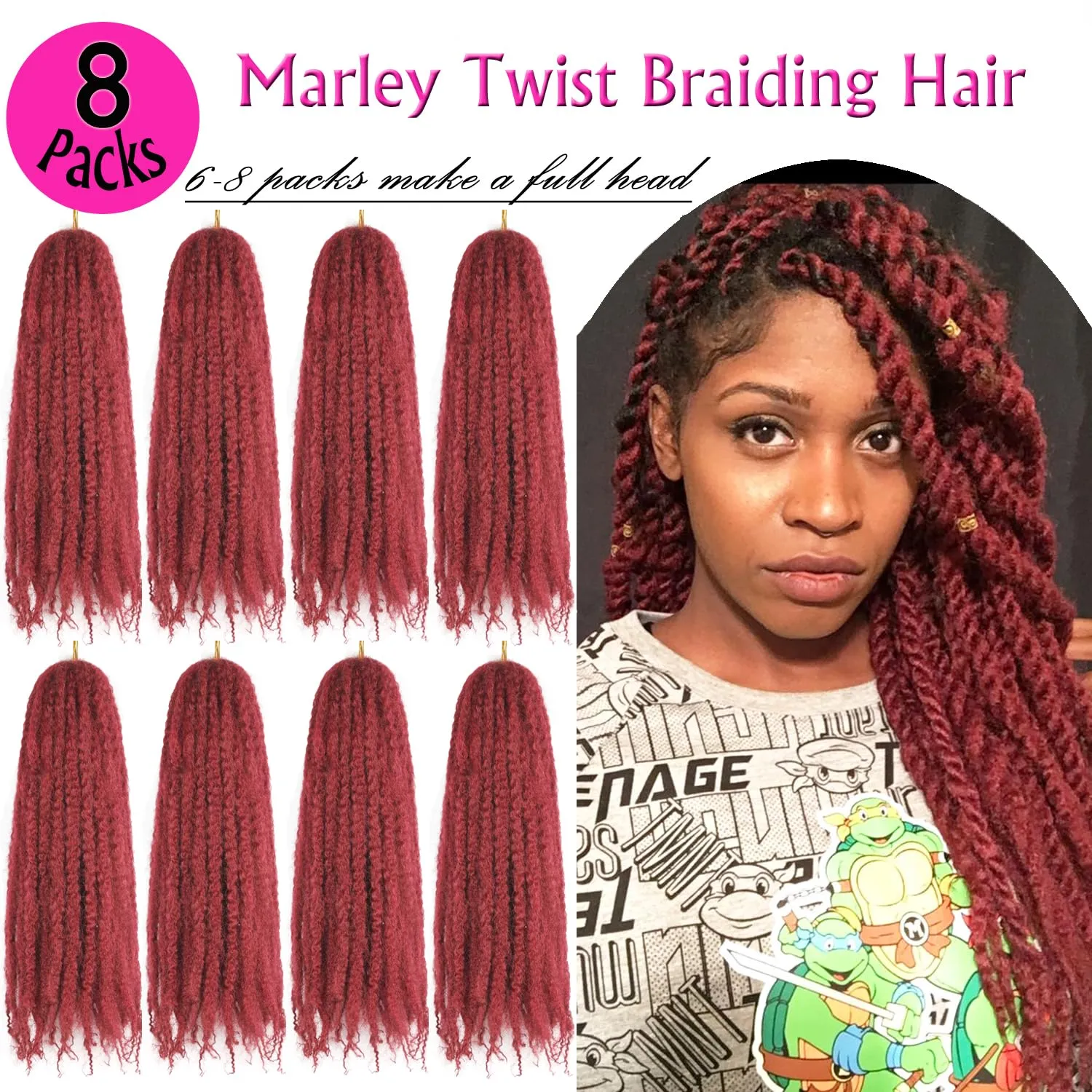 Marley Twist Braiding Hair 18 Inch Marley Hair 8 Packs Kinky Twist Hair Extensions for Afro Kinky Curly Braiding Soft and Natural Crochet Hair (18 Inch 8packs,BUG)