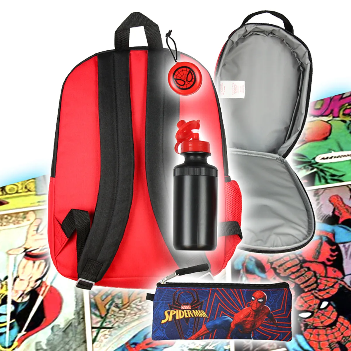 Marvel Spider-Man Backpack Kids 16" 5PC Water Bottle School Lunch Tote Combo Set