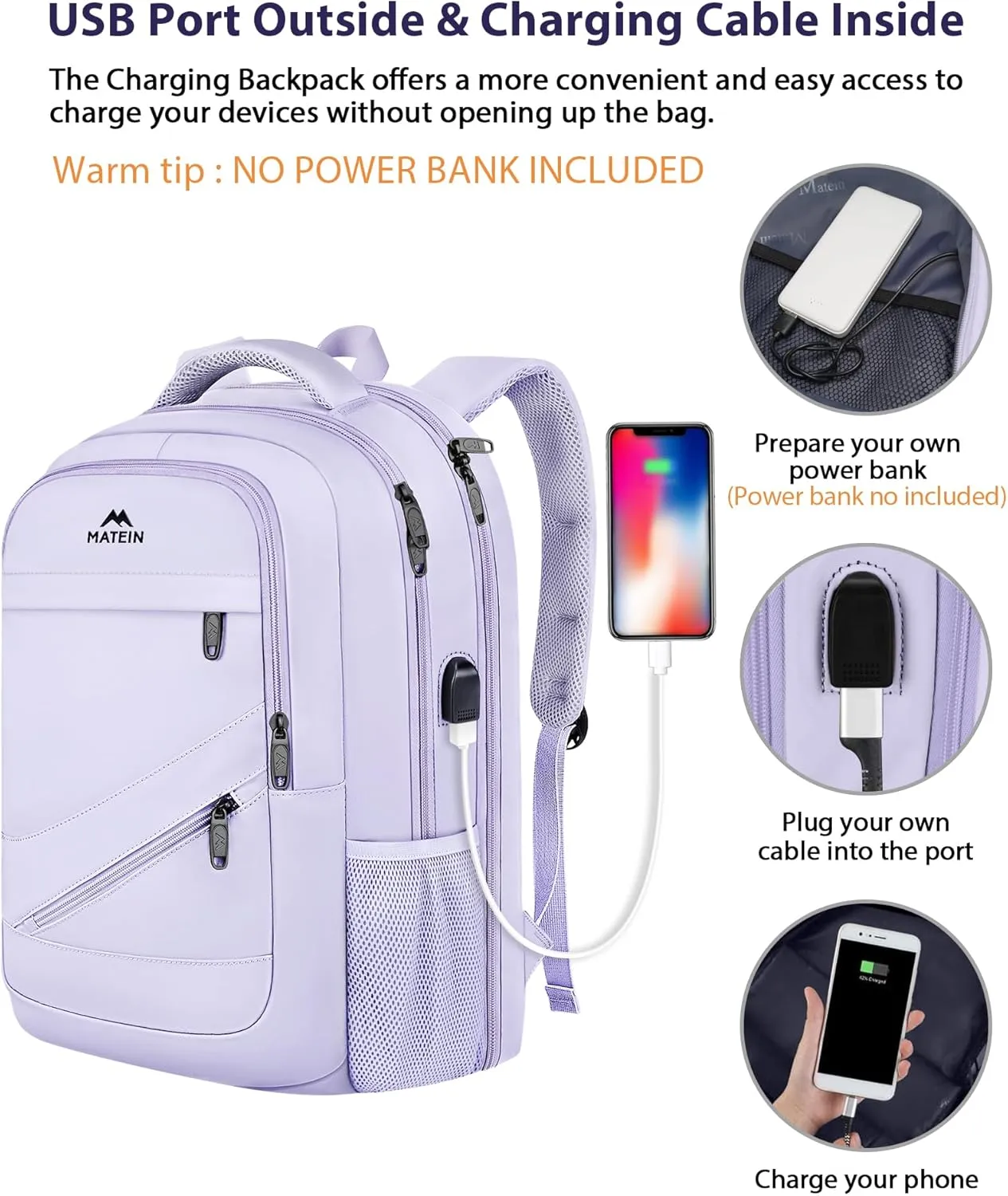 MATEIN Extra Large Laptop Backpack Women, 50 L Carry On Travel Bag with USB Port and Anti Theft Pocket, Water Resistant Business Backpacks Fit 18.4 In Notebook Computer, Purple