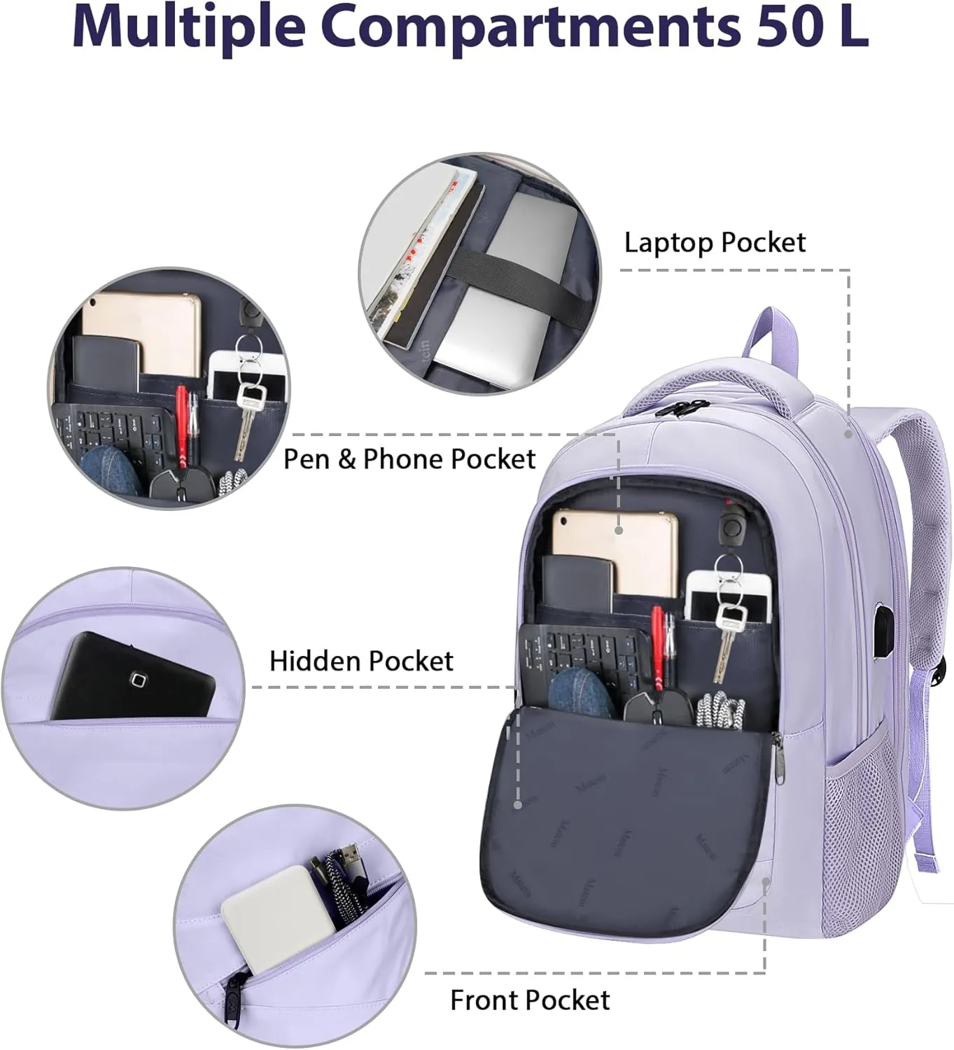 MATEIN Extra Large Laptop Backpack Women, 50 L Carry On Travel Bag with USB Port and Anti Theft Pocket, Water Resistant Business Backpacks Fit 18.4 In Notebook Computer, Purple
