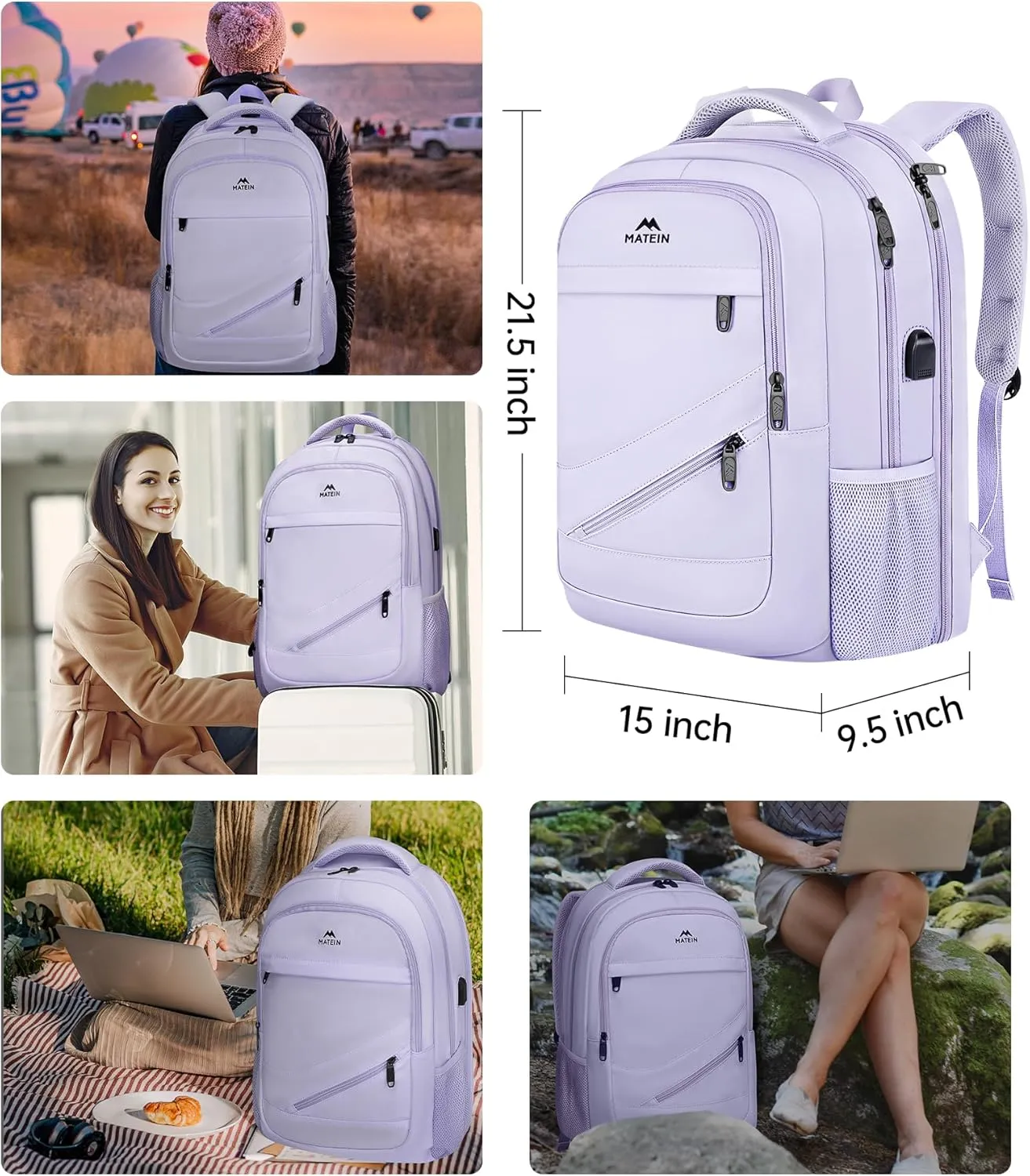 MATEIN Extra Large Laptop Backpack Women, 50 L Carry On Travel Bag with USB Port and Anti Theft Pocket, Water Resistant Business Backpacks Fit 18.4 In Notebook Computer, Purple