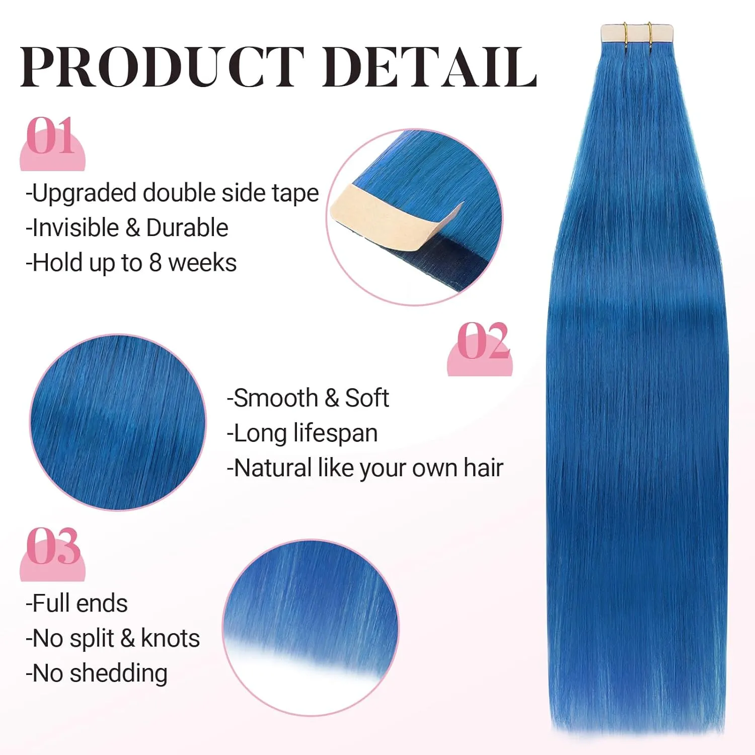 MAXITA Tape in Hair Extensions Human Hair Blue Tape in Extensions 16 Inch 10pcs 25g Remy Invisible Silky Straight Colored Soft Real Human Hair Tape ins Natural Hair Extensions for Women