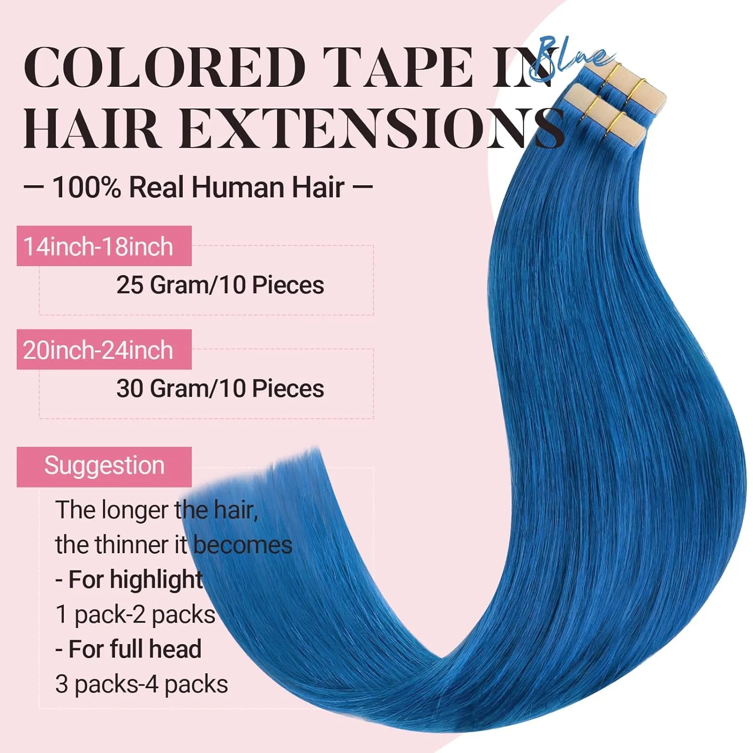 MAXITA Tape in Hair Extensions Human Hair Blue Tape in Extensions 16 Inch 10pcs 25g Remy Invisible Silky Straight Colored Soft Real Human Hair Tape ins Natural Hair Extensions for Women