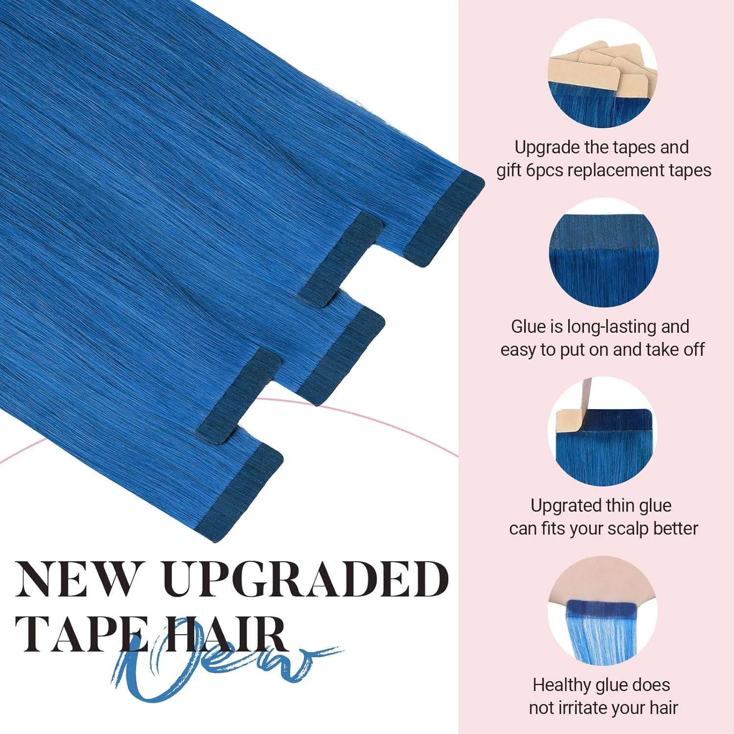 MAXITA Tape in Hair Extensions Human Hair Blue Tape in Extensions 16 Inch 10pcs 25g Remy Invisible Silky Straight Colored Soft Real Human Hair Tape ins Natural Hair Extensions for Women