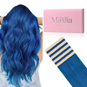 MAXITA Tape in Hair Extensions Human Hair Blue Tape in Extensions 16 Inch 10pcs 25g Remy Invisible Silky Straight Colored Soft Real Human Hair Tape ins Natural Hair Extensions for Women