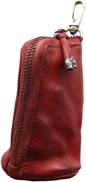 Medieval Leather Zipper Coin Pouch - Genuine Cowhide, Handcrafted，Coin Organizer, Change Holder，Keychain Coin Purse for Men & Women (Red)