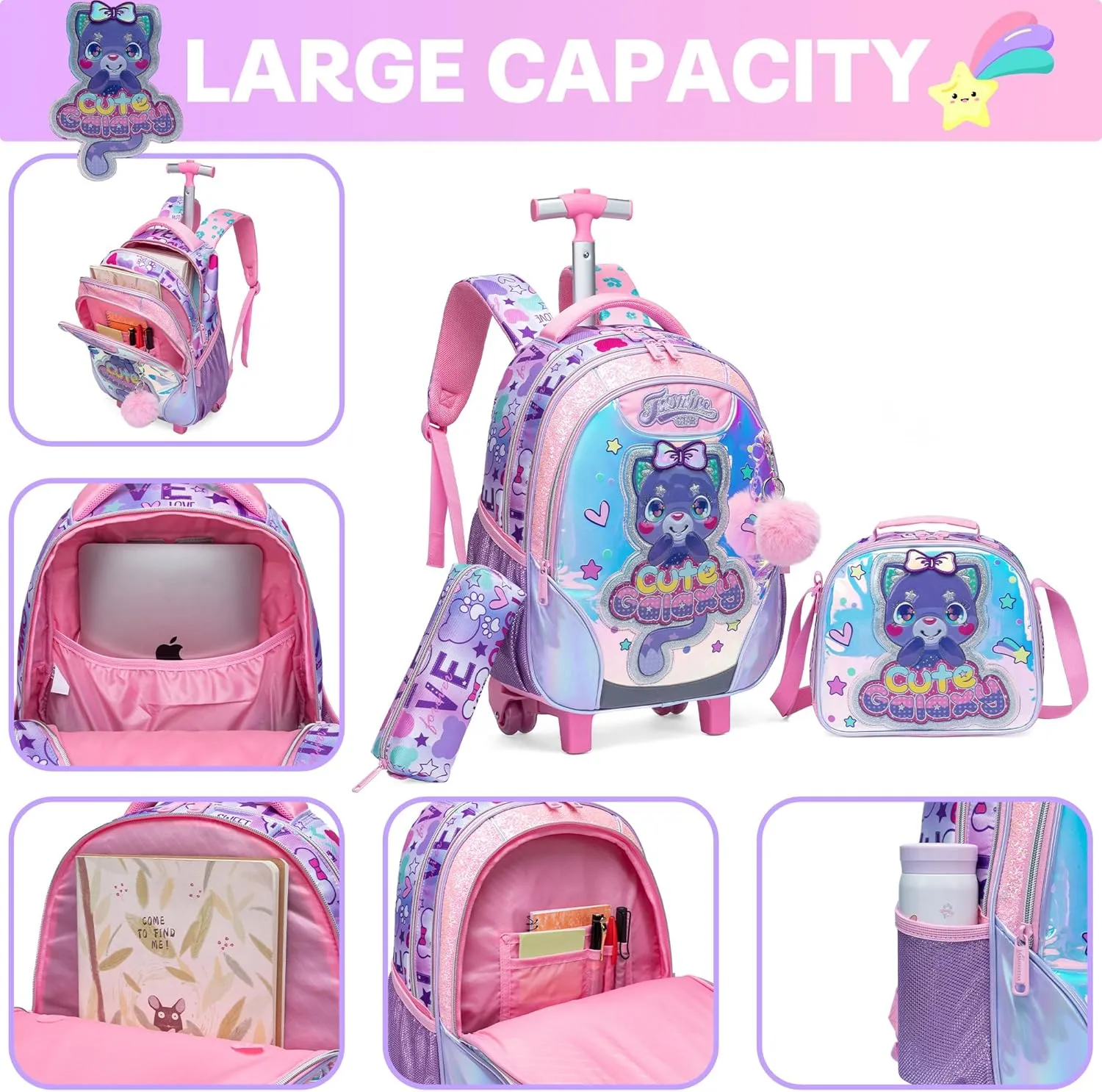 Meetbelify Cute Cat Rolling Backpack for Girls Backpacks with Wheels for Elementary Preschool Students 3 in 1 Carry on Travel Luggage Kids Purple Suitcase with Lunch Box Pencil Case for Girls Age 8-10