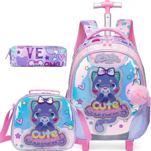 Meetbelify Cute Cat Rolling Backpack for Girls Backpacks with Wheels for Elementary Preschool Students 3 in 1 Carry on Travel Luggage Kids Purple Suitcase with Lunch Box Pencil Case for Girls Age 8-10