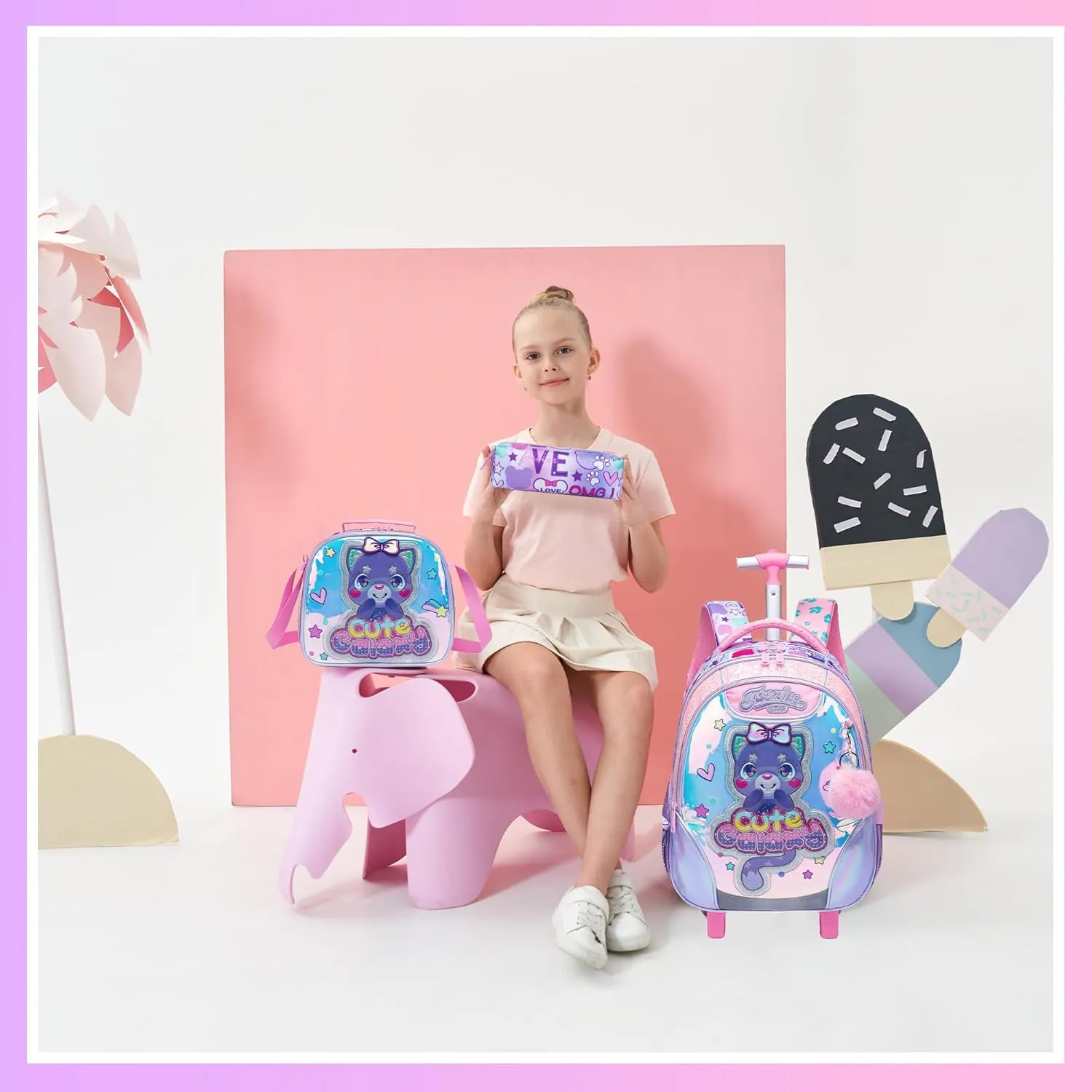 Meetbelify Cute Cat Rolling Backpack for Girls Backpacks with Wheels for Elementary Preschool Students 3 in 1 Carry on Travel Luggage Kids Purple Suitcase with Lunch Box Pencil Case for Girls Age 8-10