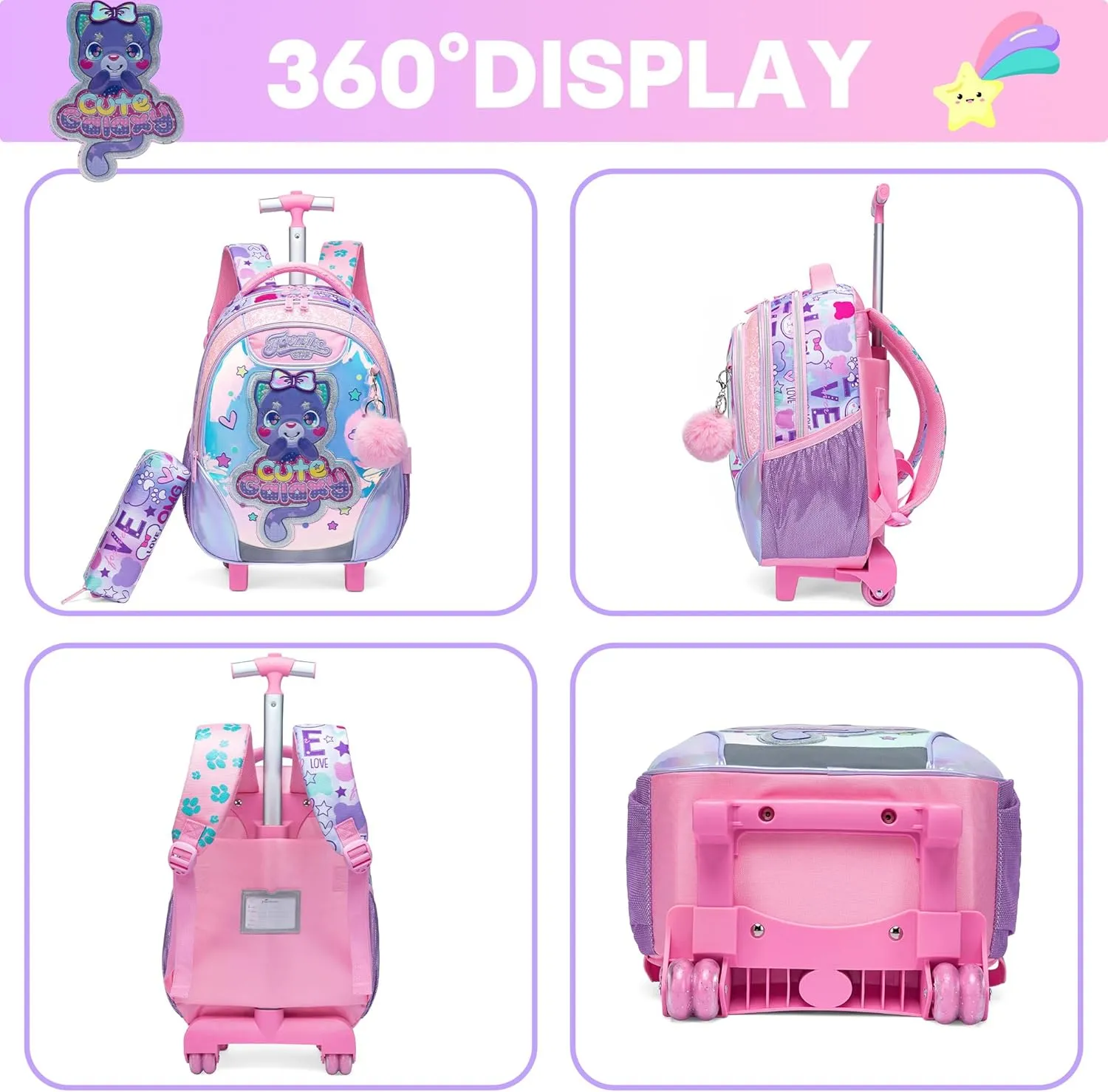 Meetbelify Cute Cat Rolling Backpack for Girls Backpacks with Wheels for Elementary Preschool Students 3 in 1 Carry on Travel Luggage Kids Purple Suitcase with Lunch Box Pencil Case for Girls Age 8-10
