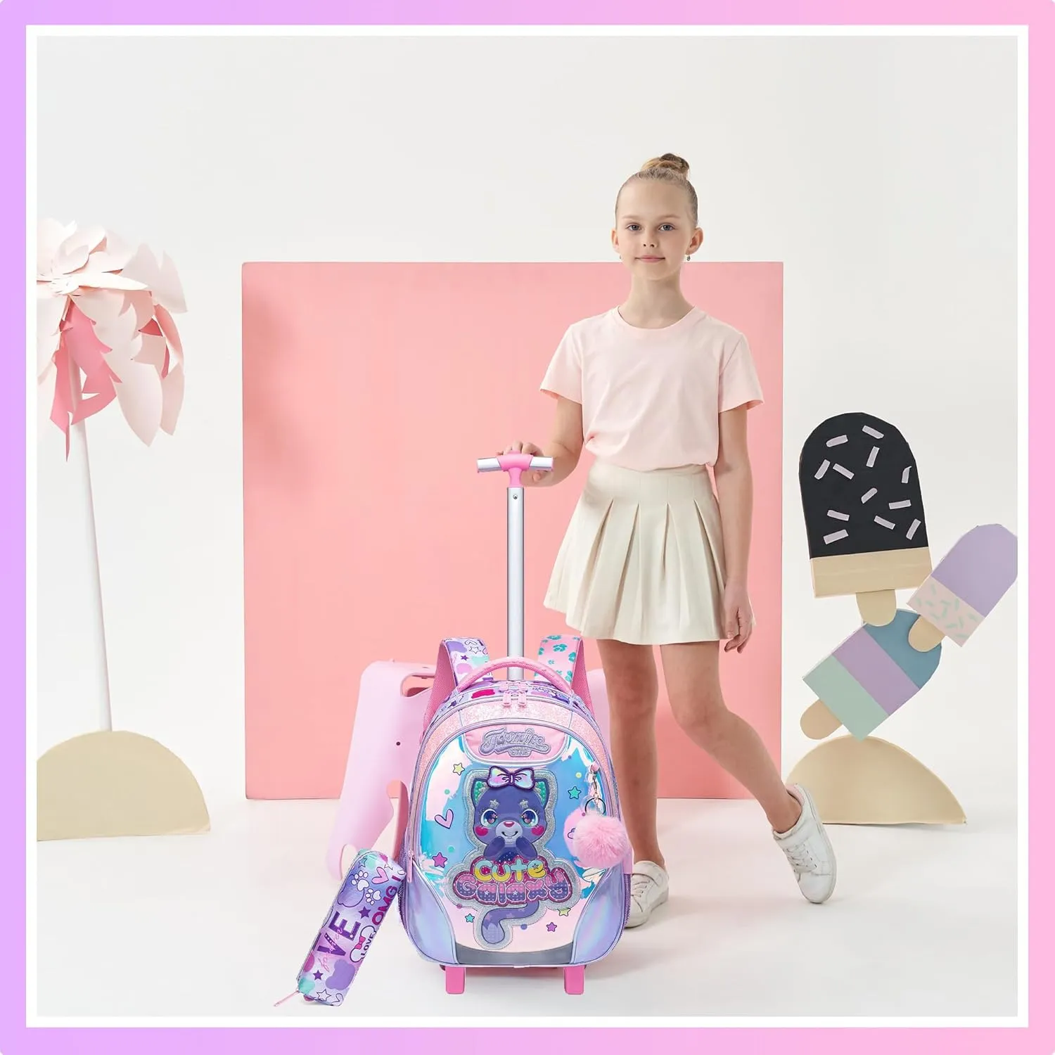 Meetbelify Cute Cat Rolling Backpack for Girls Backpacks with Wheels for Elementary Preschool Students 3 in 1 Carry on Travel Luggage Kids Purple Suitcase with Lunch Box Pencil Case for Girls Age 8-10