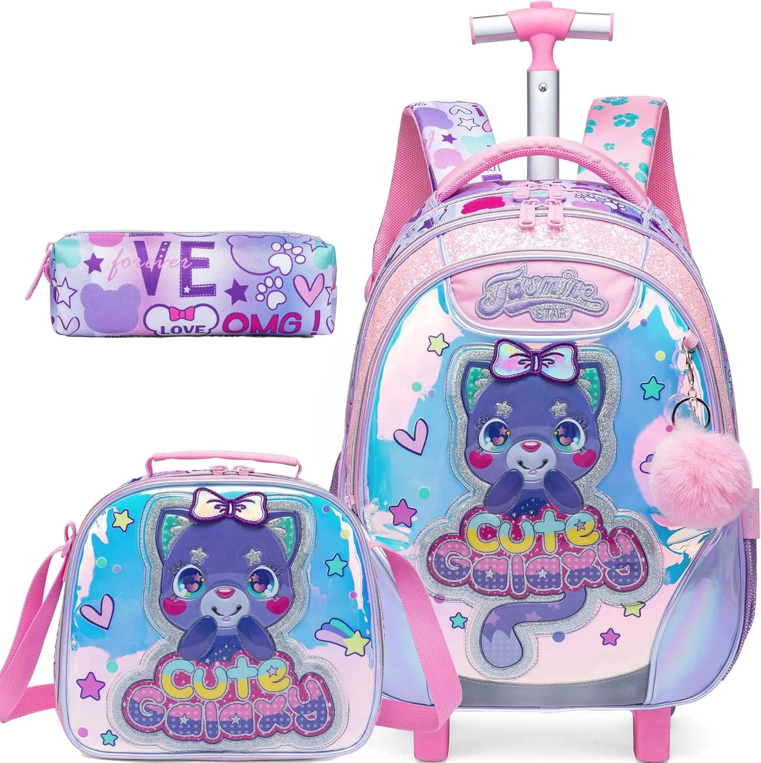 Meetbelify Cute Cat Rolling Backpack for Girls Backpacks with Wheels for Elementary Preschool Students 3 in 1 Carry on Travel Luggage Kids Purple Suitcase with Lunch Box Pencil Case for Girls Age 8-10