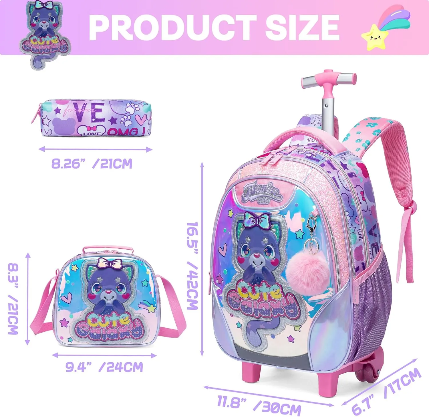 Meetbelify Cute Cat Rolling Backpack for Girls Backpacks with Wheels for Elementary Preschool Students 3 in 1 Carry on Travel Luggage Kids Purple Suitcase with Lunch Box Pencil Case for Girls Age 8-10