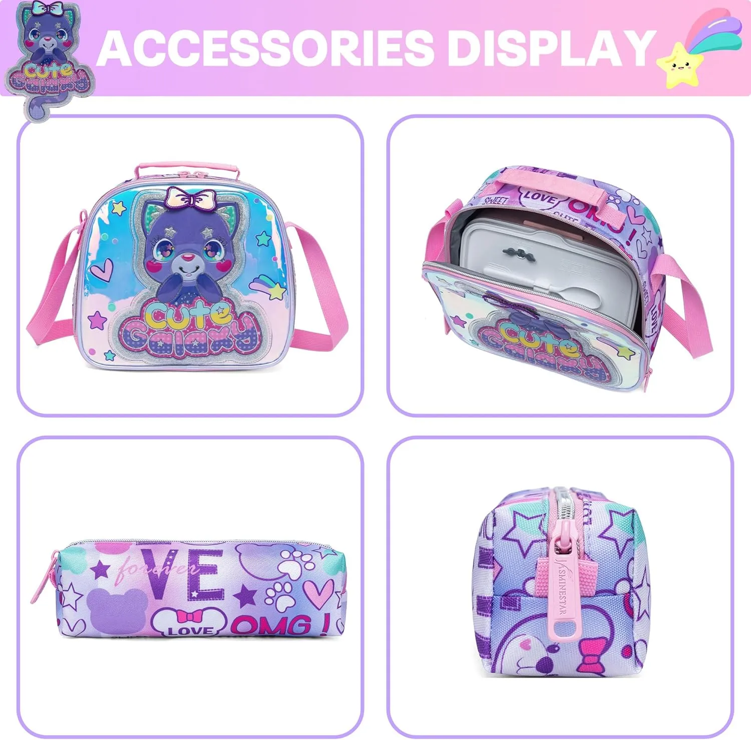 Meetbelify Cute Cat Rolling Backpack for Girls Backpacks with Wheels for Elementary Preschool Students 3 in 1 Carry on Travel Luggage Kids Purple Suitcase with Lunch Box Pencil Case for Girls Age 8-10