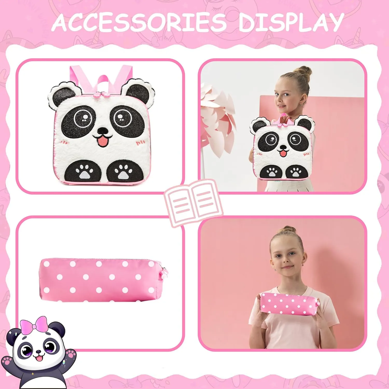 Meetbelify Kids Backpacks with Wheels for Girls Cute Pink Panda Rolling Backpack with Lunch Box for Elementary Students Trip Luggage for Girls Ages 6-8
