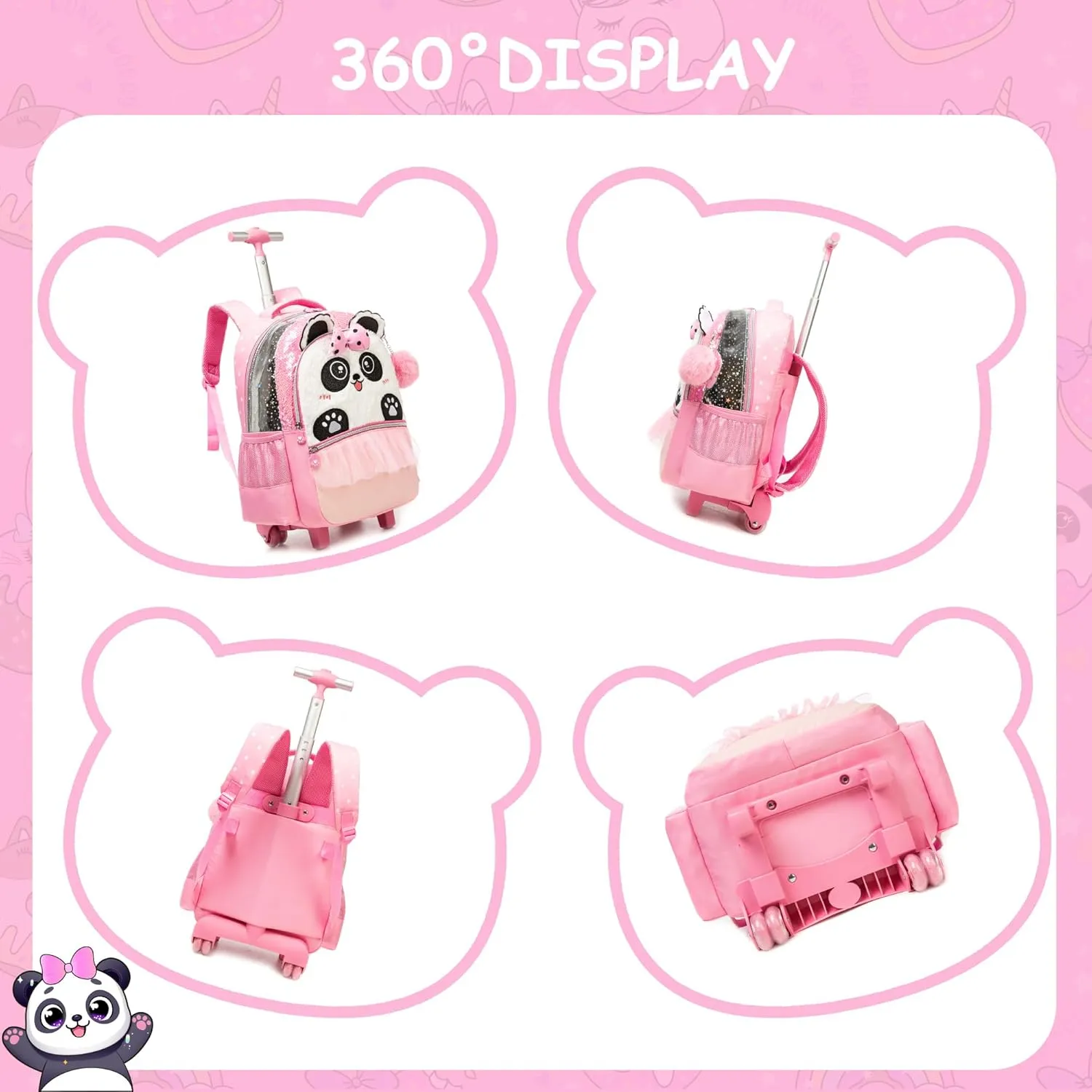 Meetbelify Kids Backpacks with Wheels for Girls Cute Pink Panda Rolling Backpack with Lunch Box for Elementary Students Trip Luggage for Girls Ages 6-8