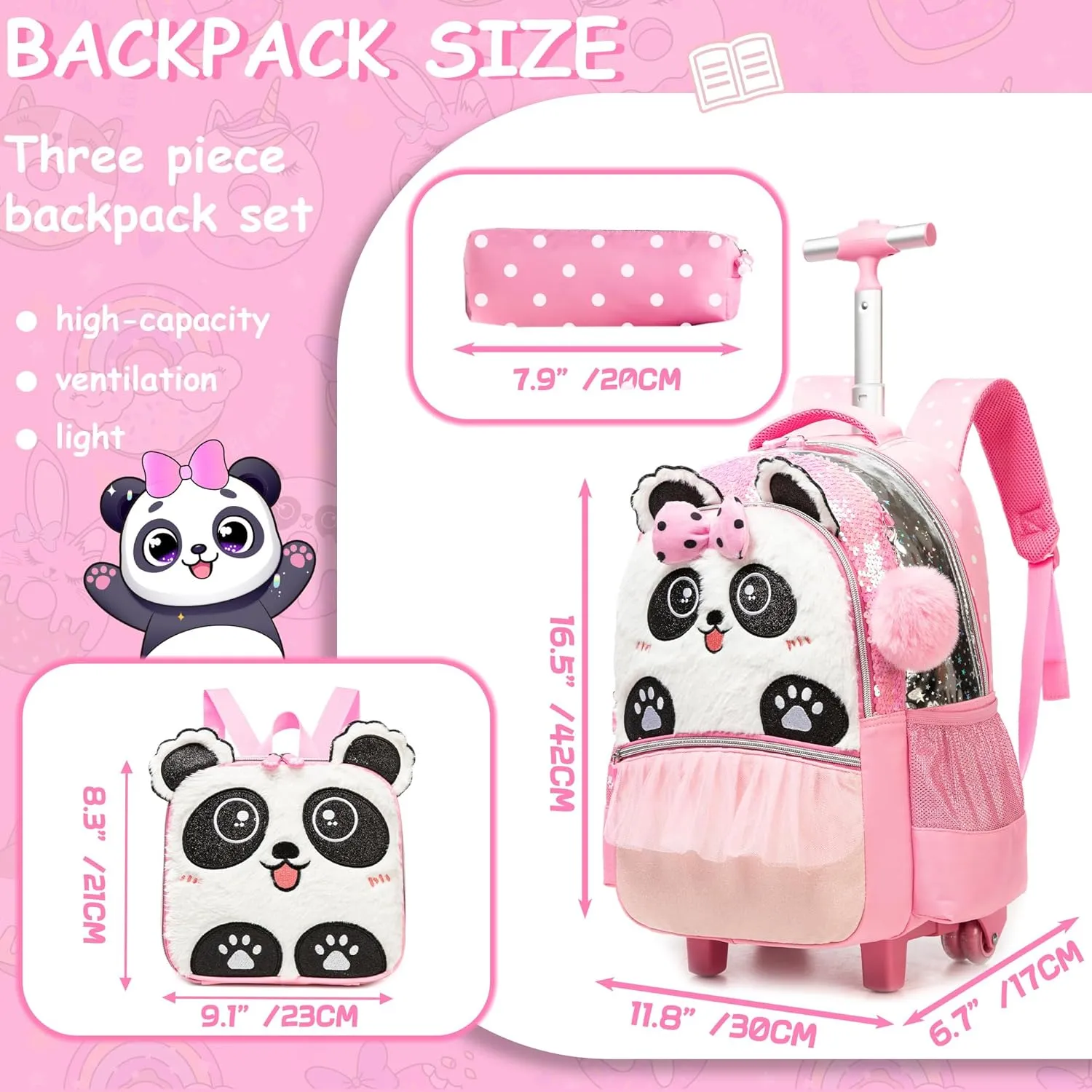 Meetbelify Kids Backpacks with Wheels for Girls Cute Pink Panda Rolling Backpack with Lunch Box for Elementary Students Trip Luggage for Girls Ages 6-8