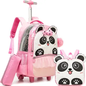 Meetbelify Kids Backpacks with Wheels for Girls Cute Pink Panda Rolling Backpack with Lunch Box for Elementary Students Trip Luggage for Girls Ages 6-8