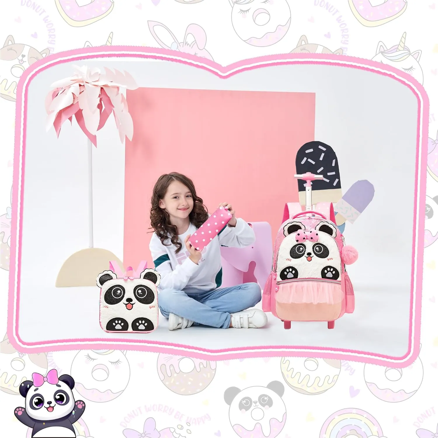 Meetbelify Kids Backpacks with Wheels for Girls Cute Pink Panda Rolling Backpack with Lunch Box for Elementary Students Trip Luggage for Girls Ages 6-8