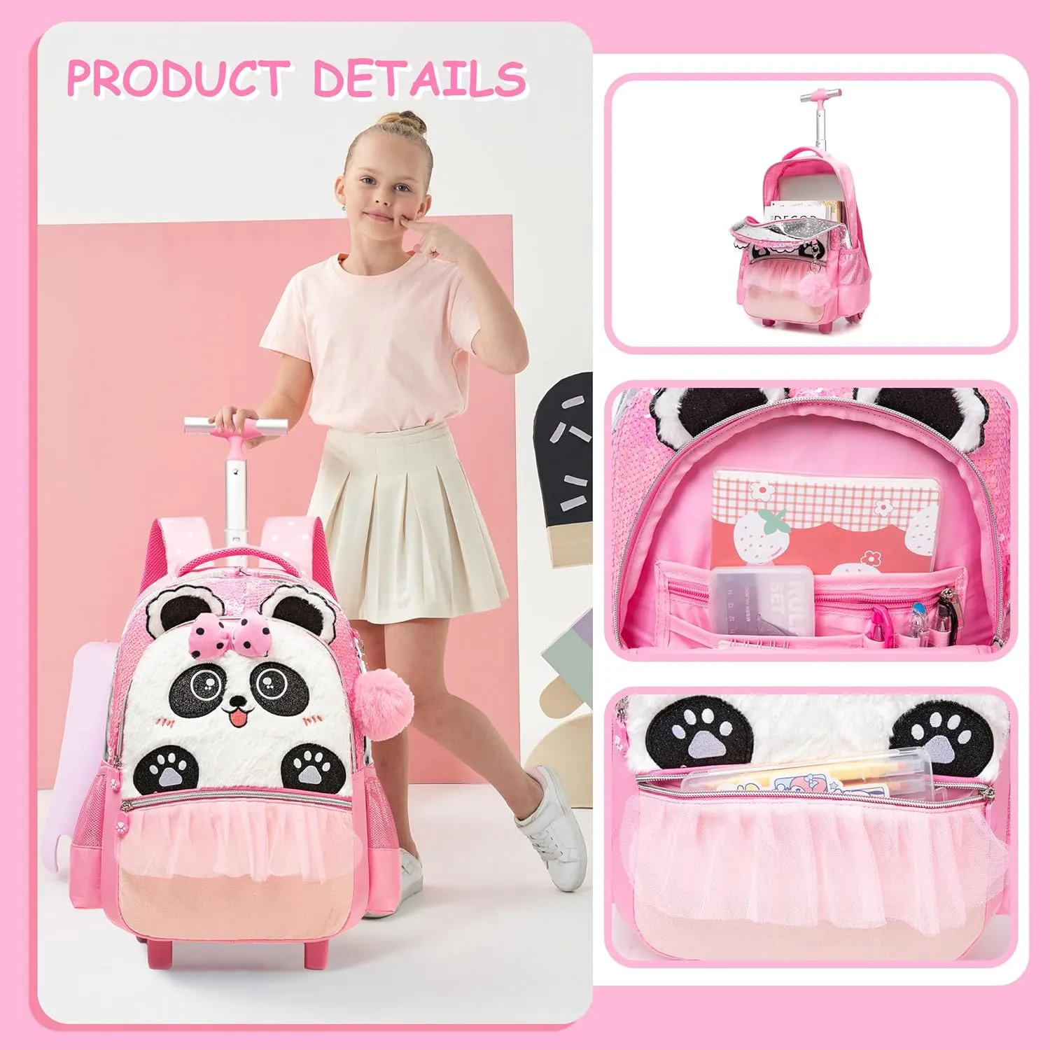 Meetbelify Kids Backpacks with Wheels for Girls Cute Pink Panda Rolling Backpack with Lunch Box for Elementary Students Trip Luggage for Girls Ages 6-8