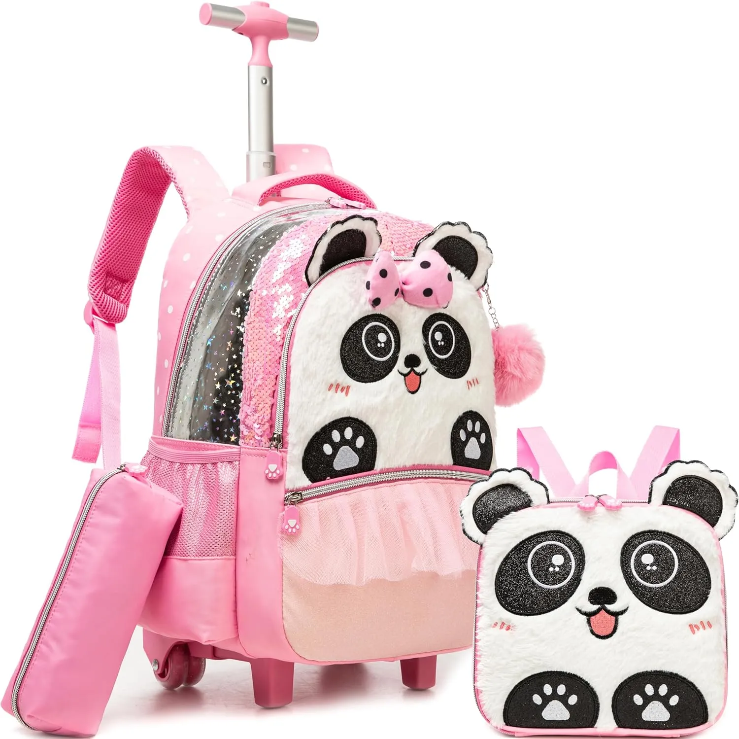 Meetbelify Kids Backpacks with Wheels for Girls Cute Pink Panda Rolling Backpack with Lunch Box for Elementary Students Trip Luggage for Girls Ages 6-8