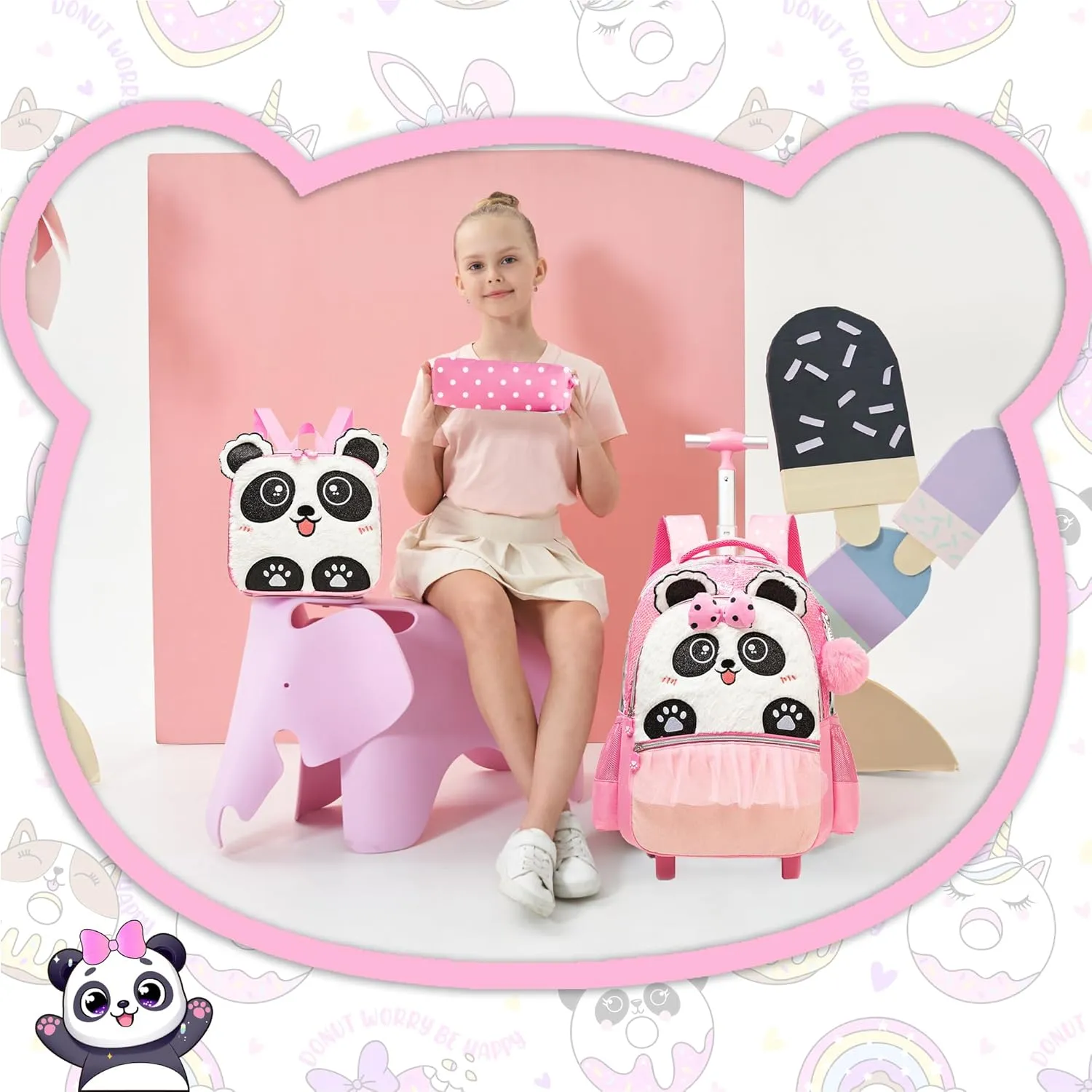 Meetbelify Kids Backpacks with Wheels for Girls Cute Pink Panda Rolling Backpack with Lunch Box for Elementary Students Trip Luggage for Girls Ages 6-8