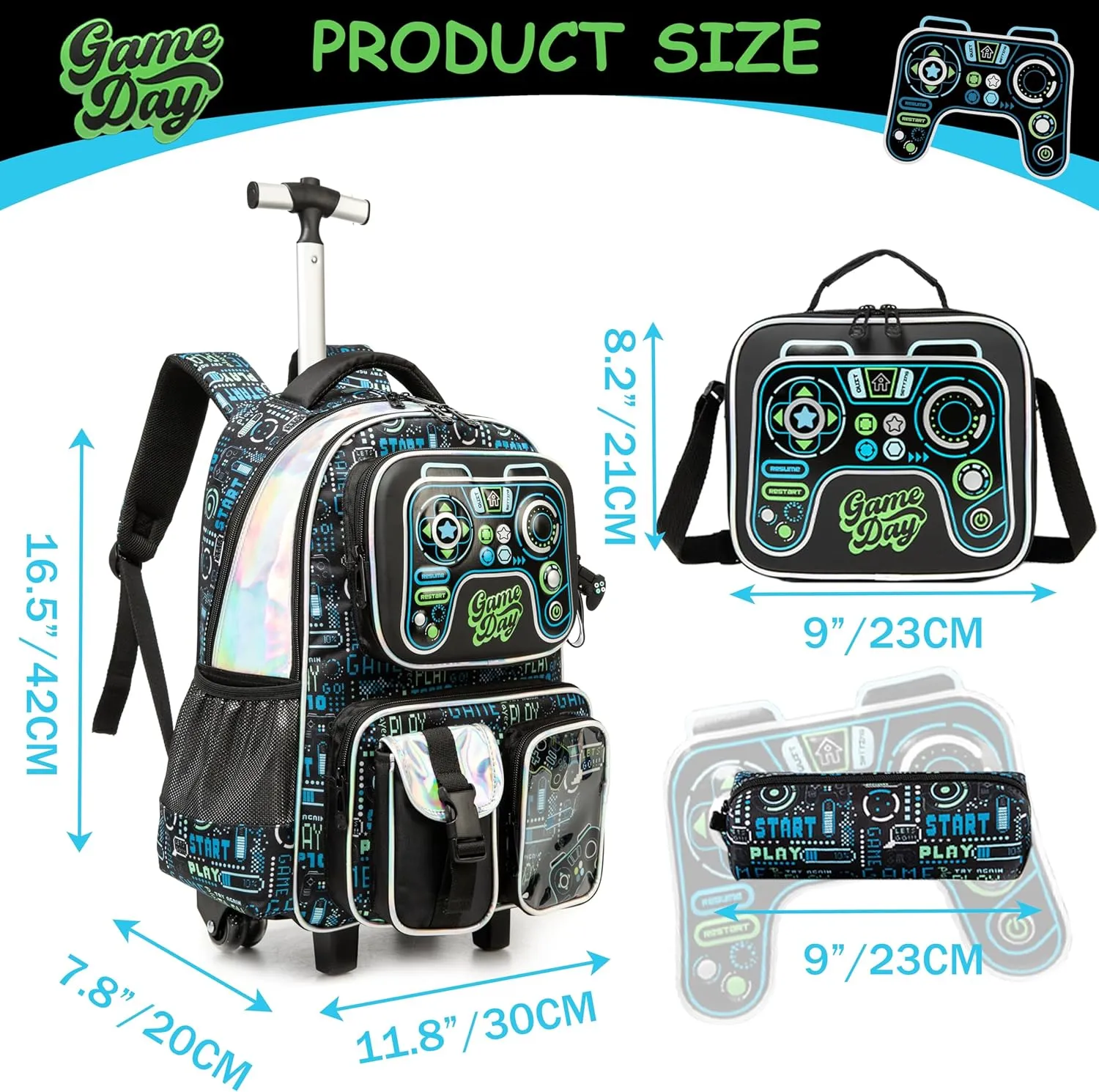 Meetbelify Kids Rolling Backpack with Wheels for Boys Rolling Backpacks with Lunch Box for Elementary School Students 3 in 1 Travel Luggage Suitcase for Boys Age 8-10