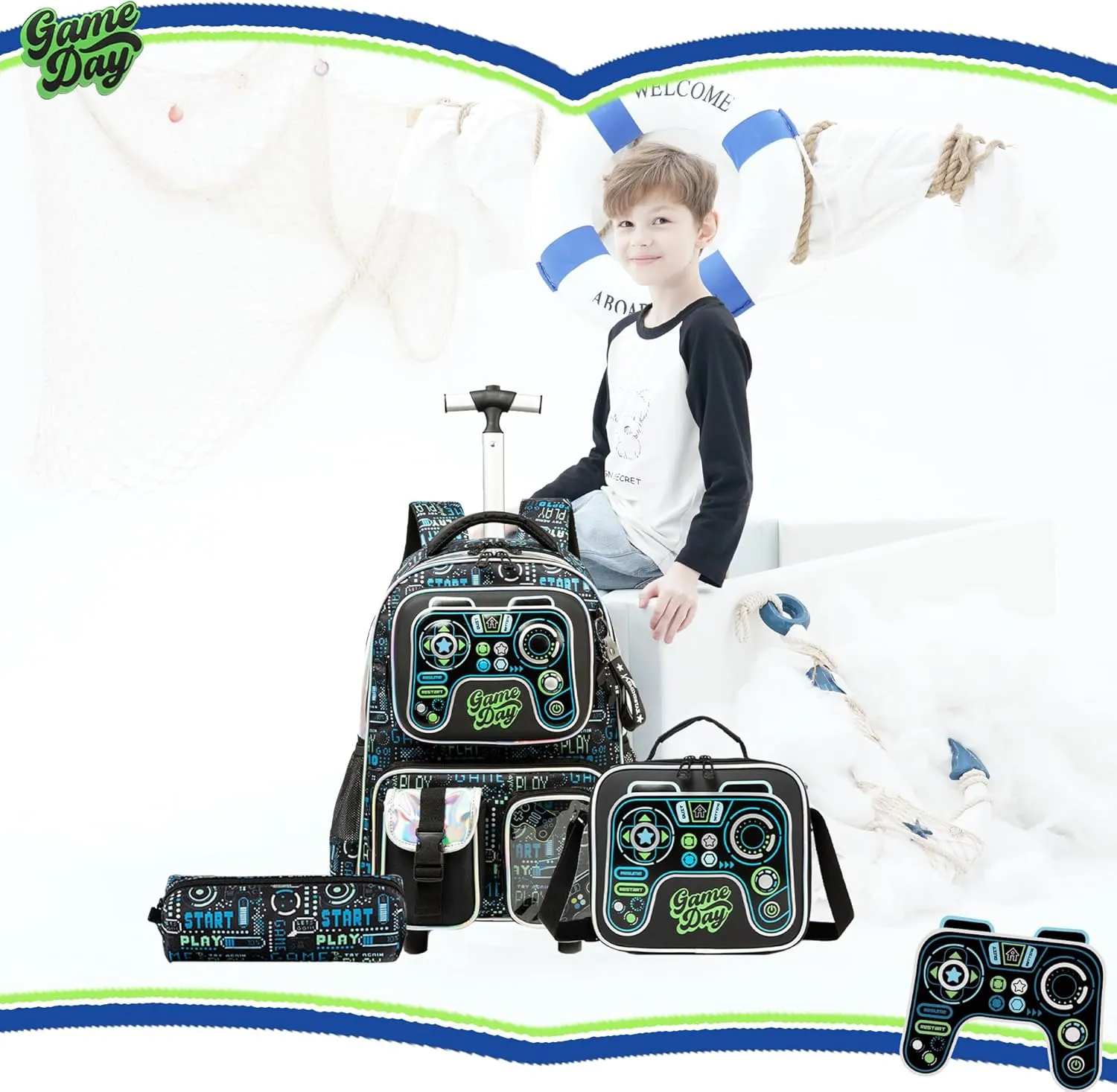 Meetbelify Kids Rolling Backpack with Wheels for Boys Rolling Backpacks with Lunch Box for Elementary School Students 3 in 1 Travel Luggage Suitcase for Boys Age 8-10