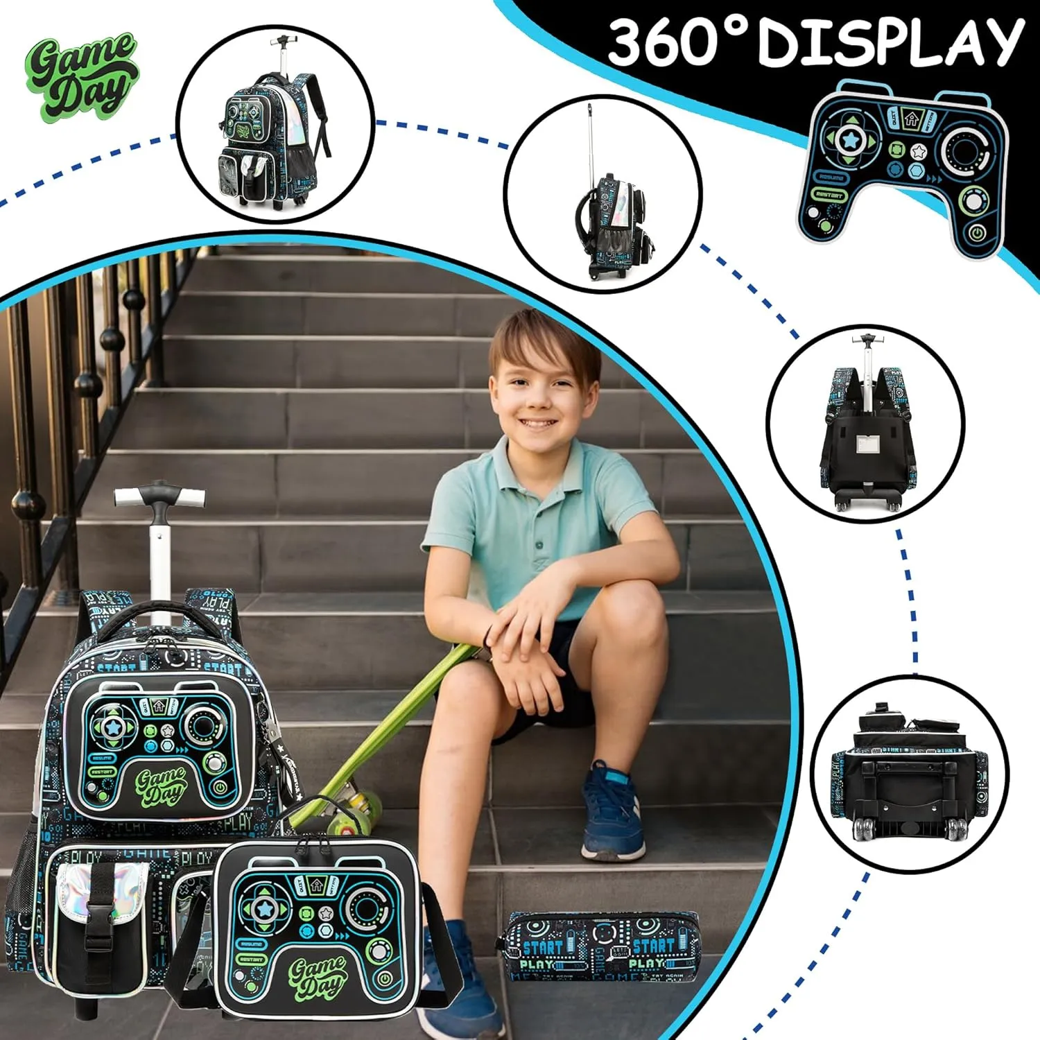 Meetbelify Kids Rolling Backpack with Wheels for Boys Rolling Backpacks with Lunch Box for Elementary School Students 3 in 1 Travel Luggage Suitcase for Boys Age 8-10