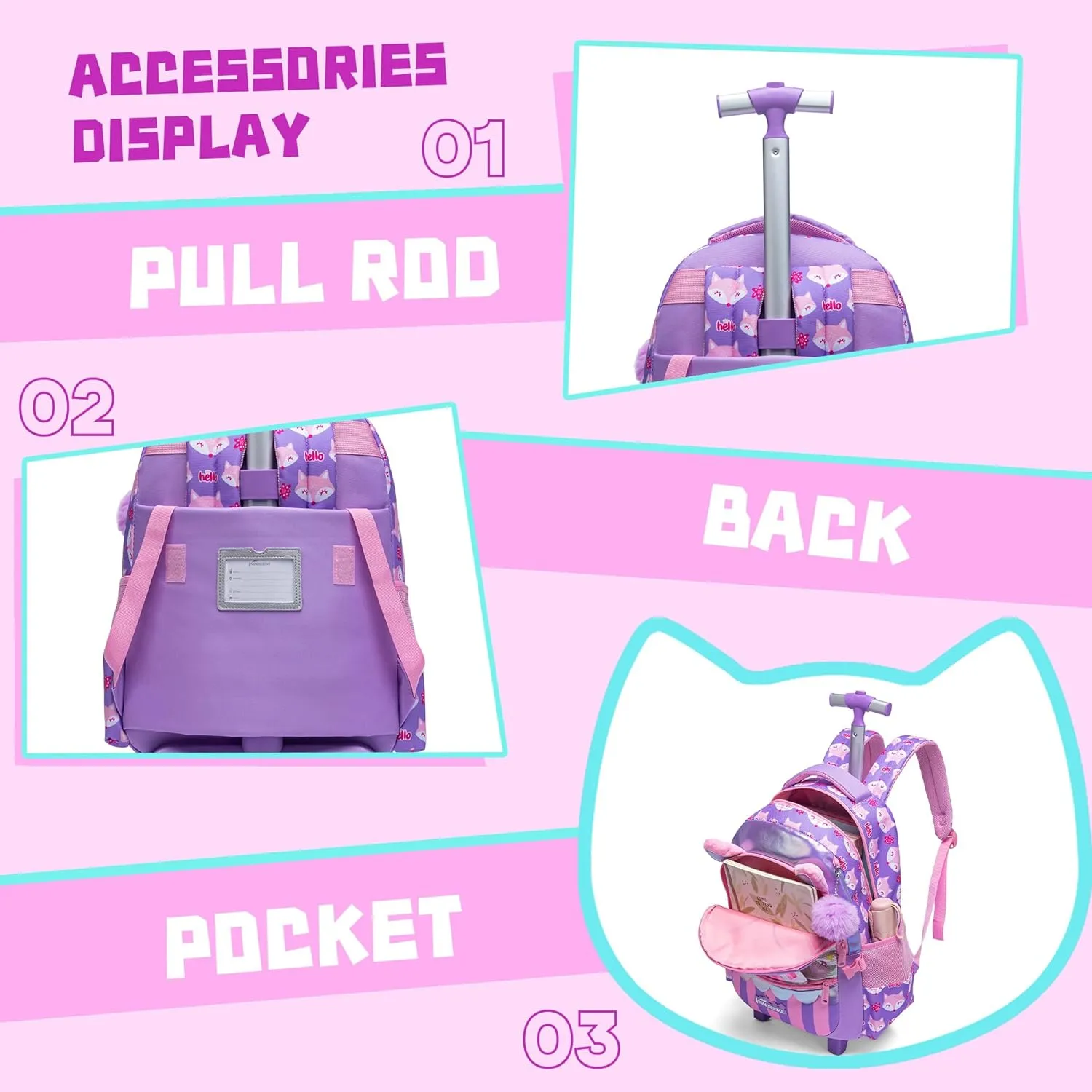 Meetbelify Rolling Backpack for Girls Backpacks with Wheels for Elementary Preschool Students Kids 3 in 1 Travel Luggage Carry on Suitcase for Girls Age 8-10