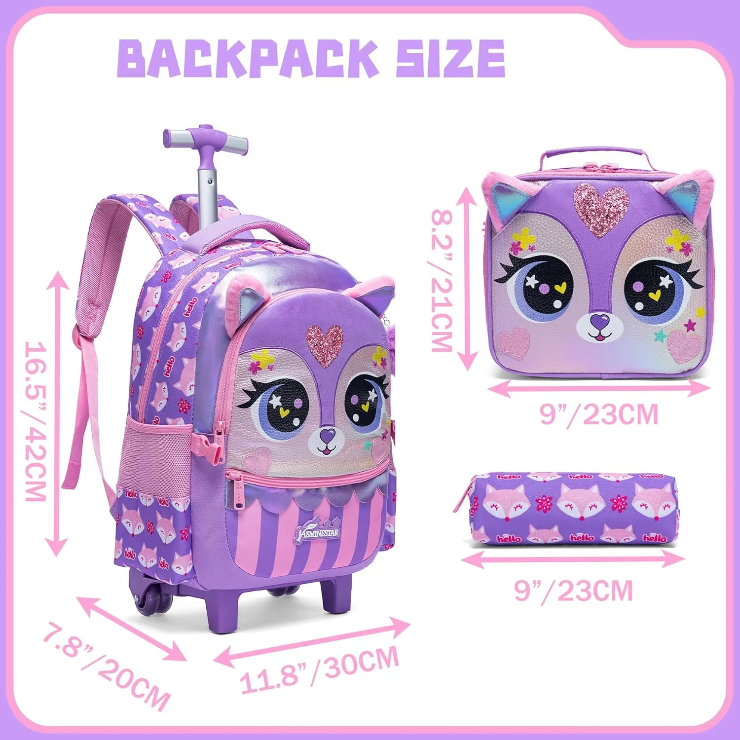 Meetbelify Rolling Backpack for Girls Backpacks with Wheels for Elementary Preschool Students Kids 3 in 1 Travel Luggage Carry on Suitcase for Girls Age 8-10