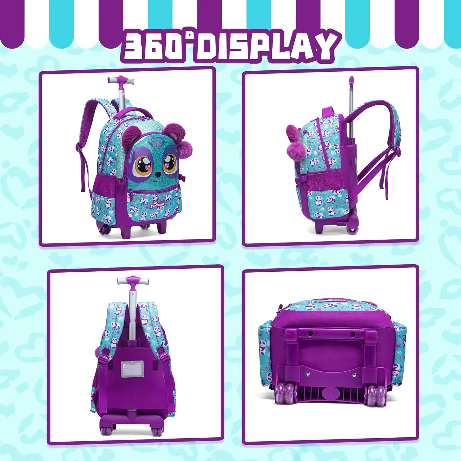 Meetbelify Rolling Backpack for Girls Backpacks with Wheels for Elementary Preschool Students Kids 3 in 1 Travel Luggage Carry on Suitcase with Lunch Box Pencil Case for Girls Age 8-10