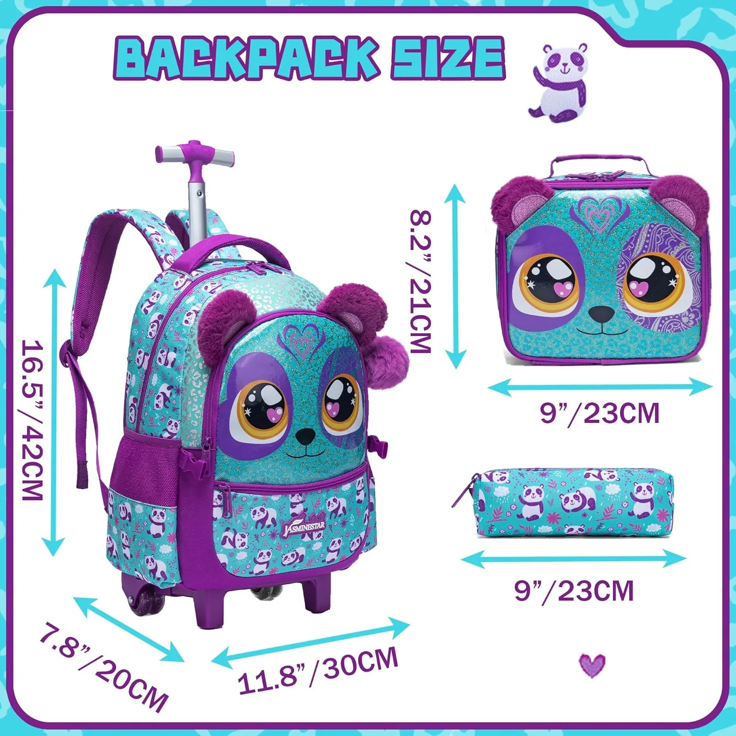 Meetbelify Rolling Backpack for Girls Backpacks with Wheels for Elementary Preschool Students Kids 3 in 1 Travel Luggage Carry on Suitcase with Lunch Box Pencil Case for Girls Age 8-10