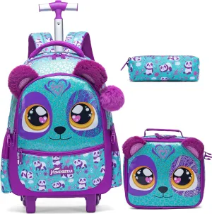 Meetbelify Rolling Backpack for Girls Backpacks with Wheels for Elementary Preschool Students Kids 3 in 1 Travel Luggage Carry on Suitcase with Lunch Box Pencil Case for Girls Age 8-10