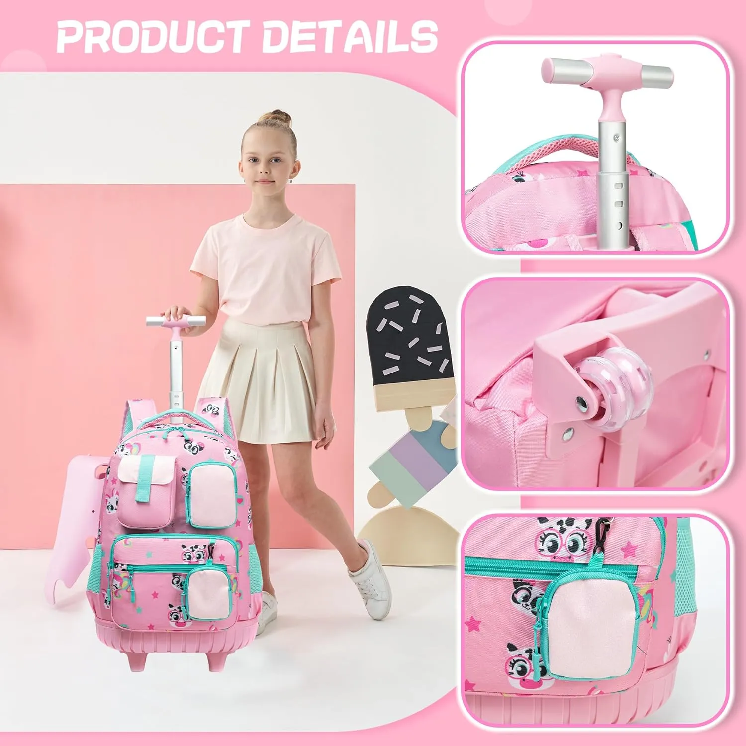 Meetbelify Rolling Backpack for Girls Cute Cat Backpacks with Wheels Kids Carry on Luggage for Girls Ages 8-10 Kids Back to School Supplies Travel Suitcase with Lunch Box and Pencil case
