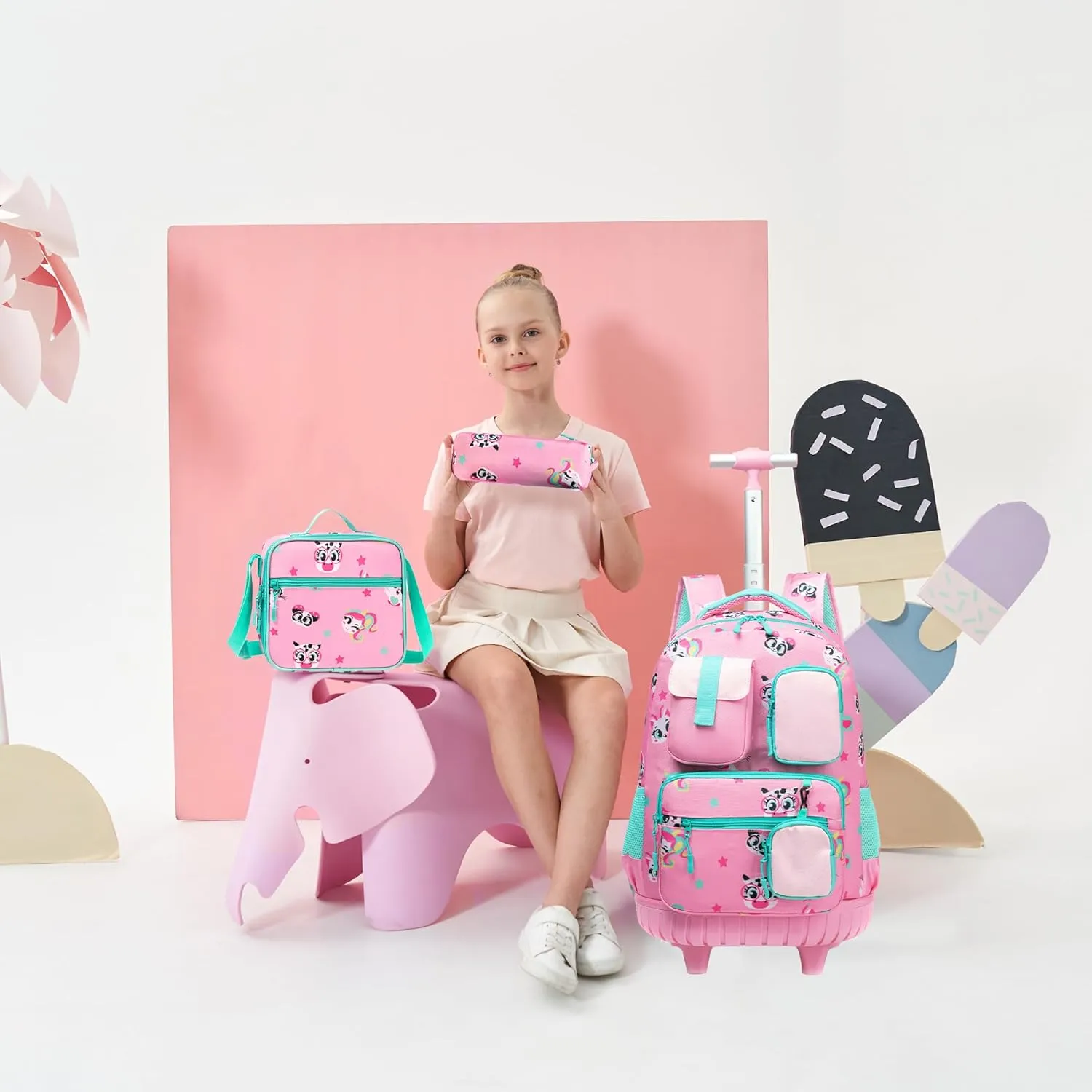 Meetbelify Rolling Backpack for Girls Cute Cat Backpacks with Wheels Kids Carry on Luggage for Girls Ages 8-10 Kids Back to School Supplies Travel Suitcase with Lunch Box and Pencil case