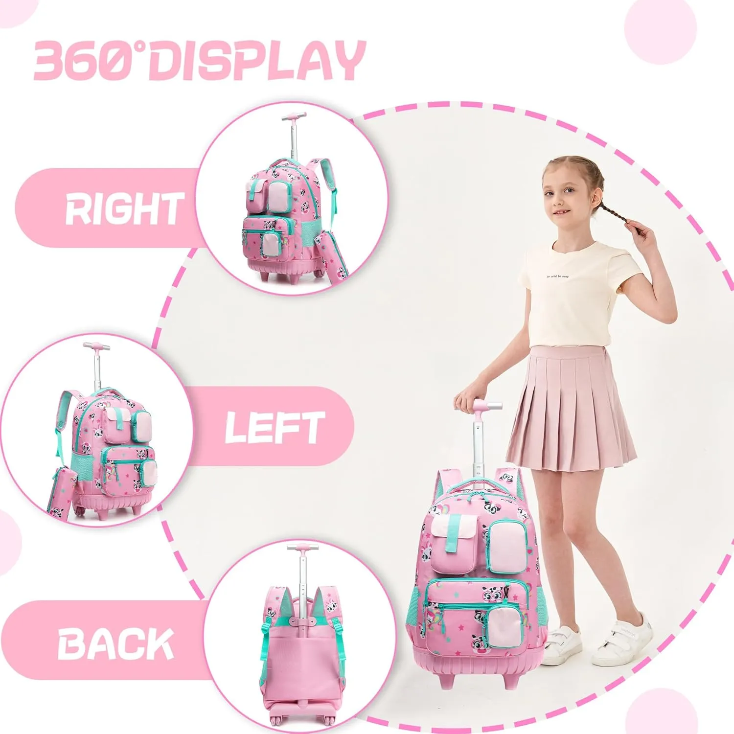 Meetbelify Rolling Backpack for Girls Cute Cat Backpacks with Wheels Kids Carry on Luggage for Girls Ages 8-10 Kids Back to School Supplies Travel Suitcase with Lunch Box and Pencil case