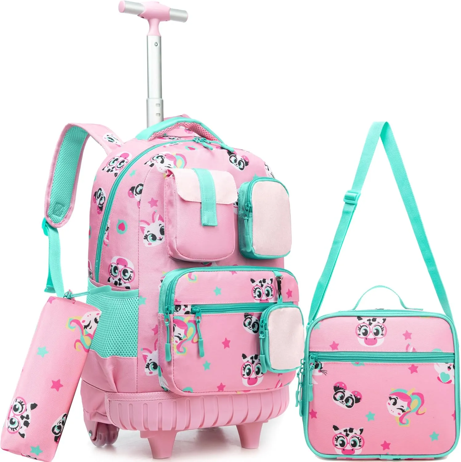 Meetbelify Rolling Backpack for Girls Cute Cat Backpacks with Wheels Kids Carry on Luggage for Girls Ages 8-10 Kids Back to School Supplies Travel Suitcase with Lunch Box and Pencil case
