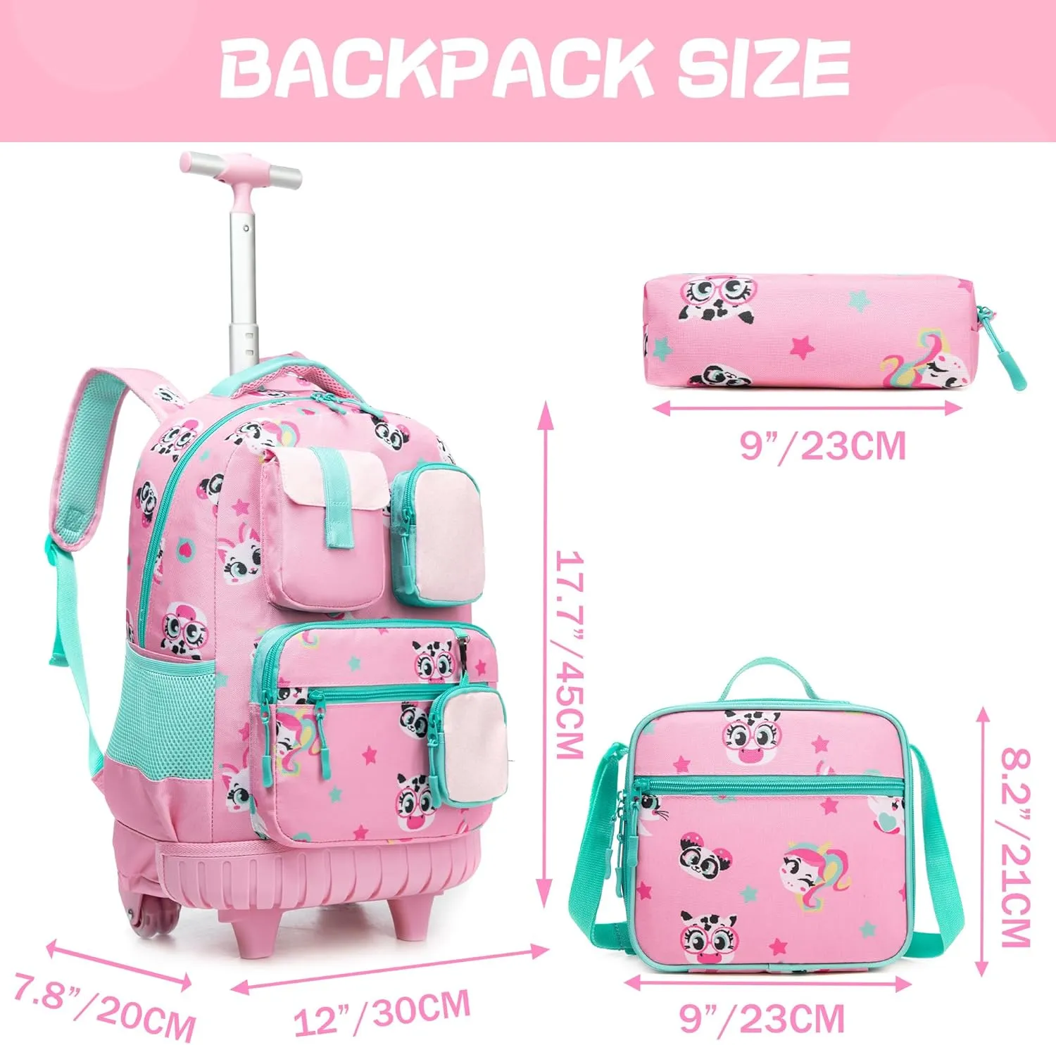 Meetbelify Rolling Backpack for Girls Cute Cat Backpacks with Wheels Kids Carry on Luggage for Girls Ages 8-10 Kids Back to School Supplies Travel Suitcase with Lunch Box and Pencil case