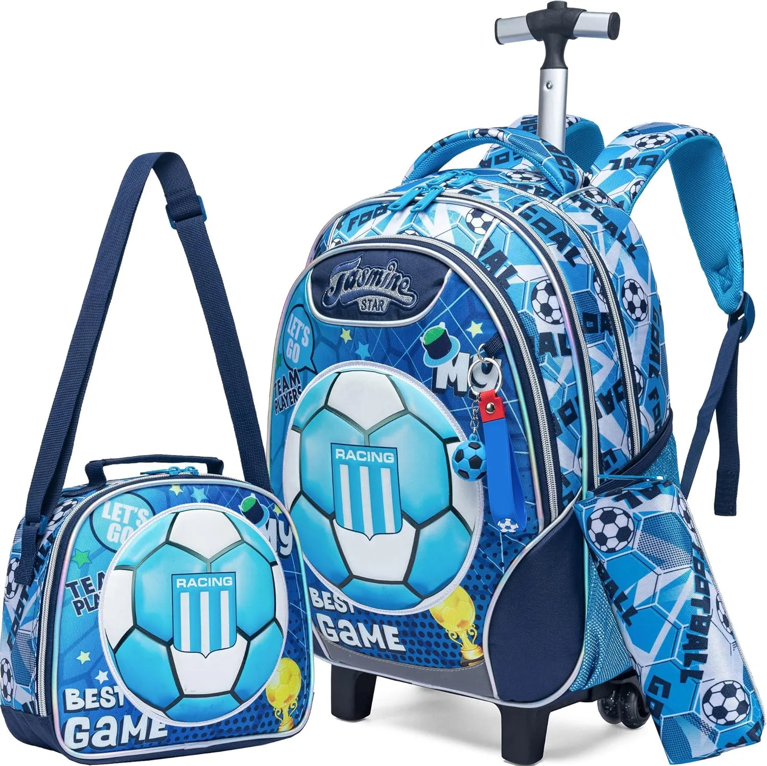 Meetbelify Rolling Backpack with Wheels for Boys Rolling Backpacks with Lunch Box for Elementary School Students 3 in 1 Travel Luggage Carry on Suitcase for Boys Age 8-10 Blue